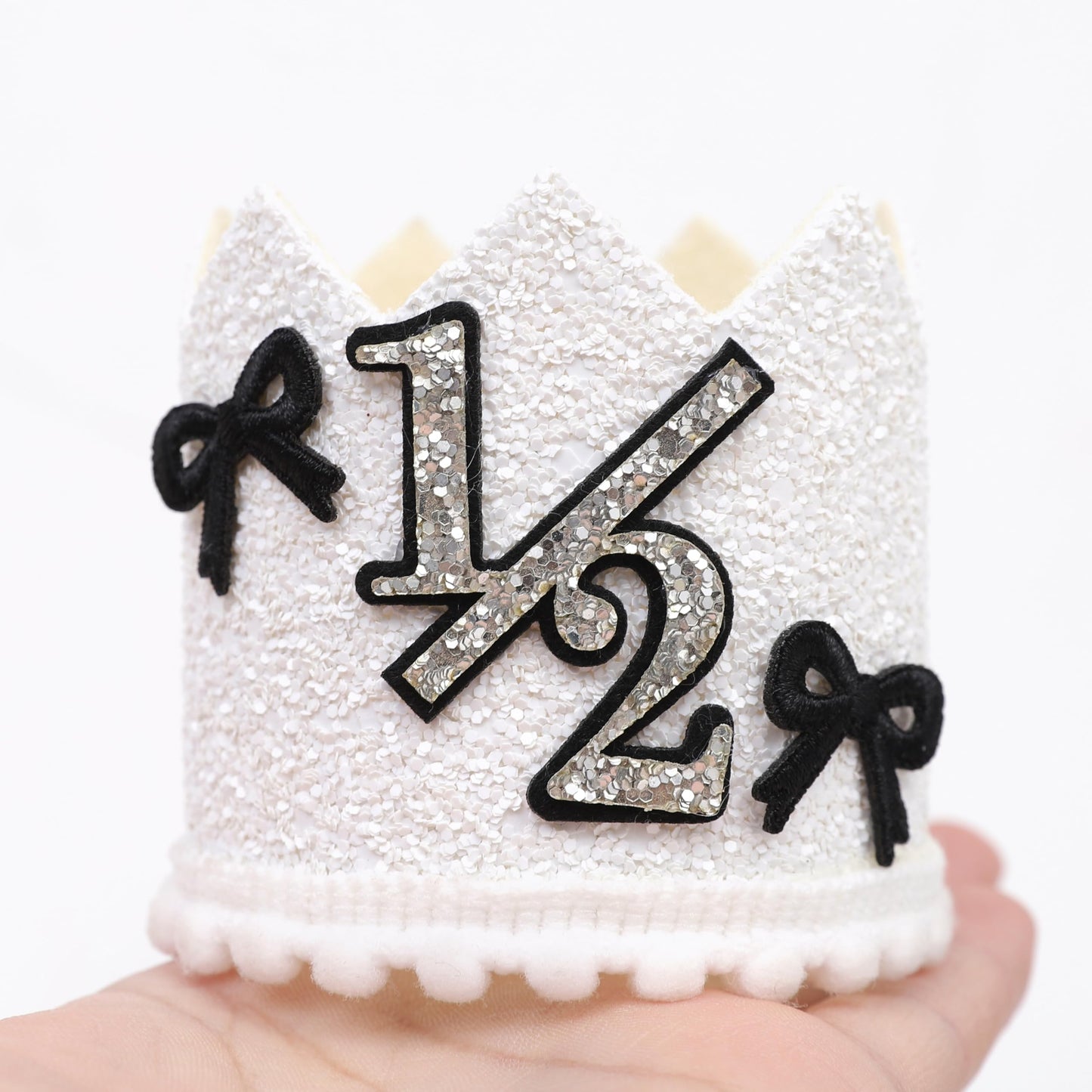 YOUAME Black Bow Half Birthday Crown- Girls Bow Cake Smash Photo Props, Silver And Black Half Way To One Party Crown Decorations, Sweet Mini Hat For 6
