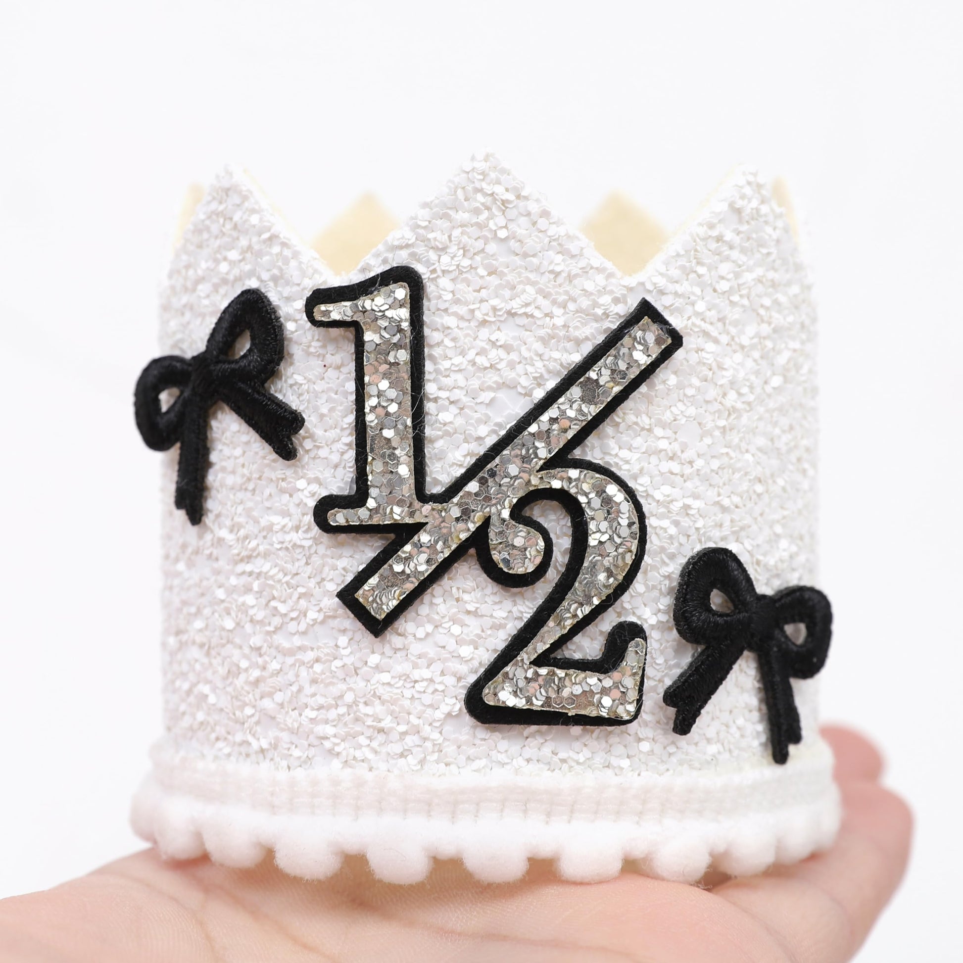 YOUAME Black Bow Half Birthday Crown- Girls Bow Cake Smash Photo Props, Silver And Black Half Way To One Party Crown Decorations, Sweet Mini Hat For 6