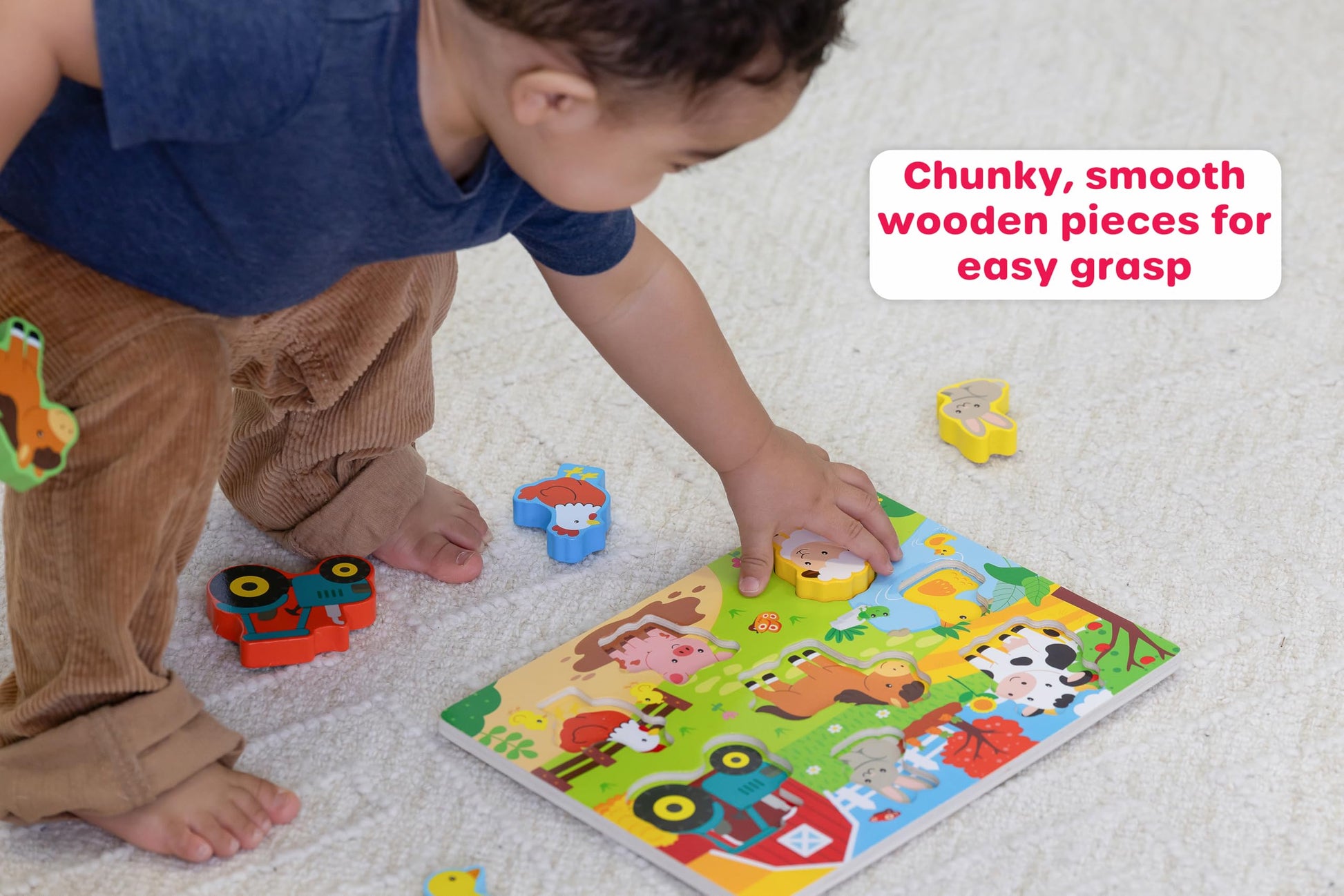 Jasey's Toy Chest Wooden Farm Puzzle & Play Pieces | 9-Piece Chunky Animal Puzzle with Board | Educational Toy for Toddlers Ages 12+ Months