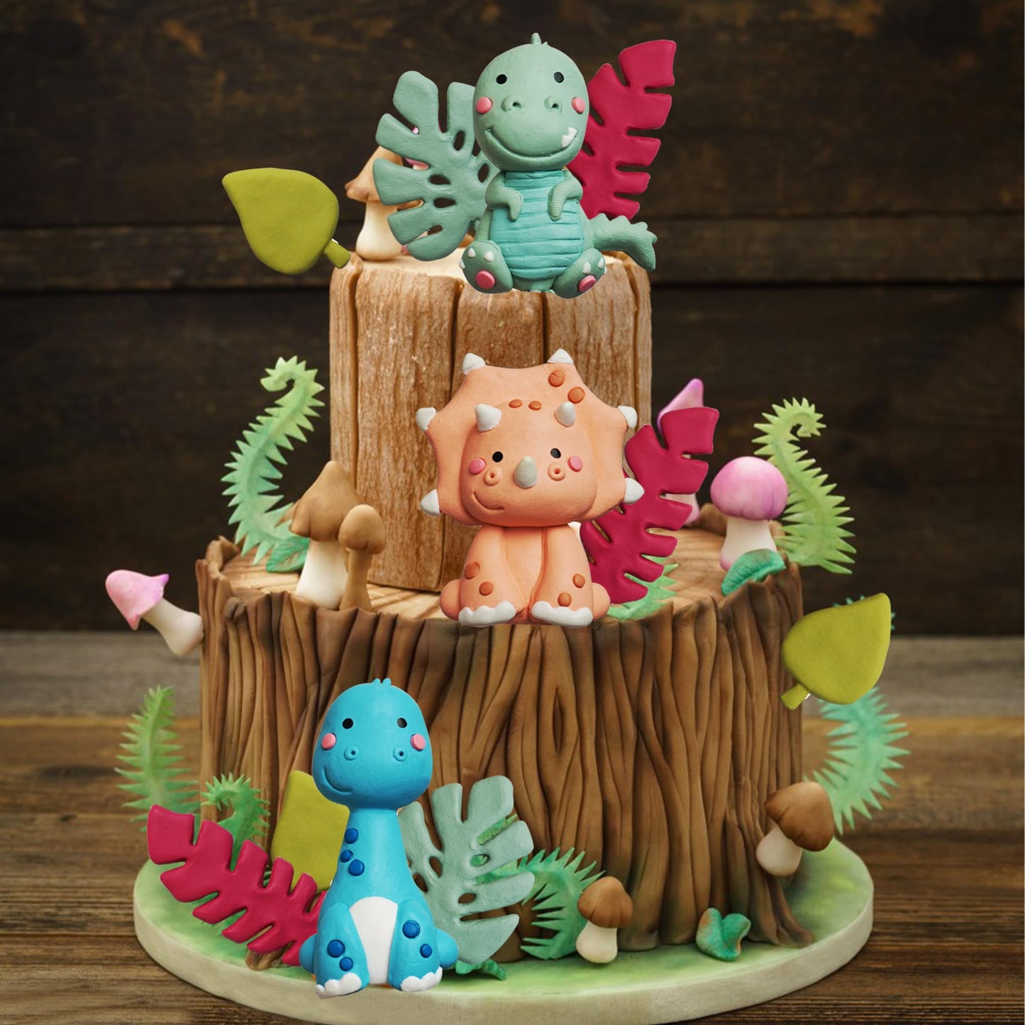 Clay Dinosaur Cake Toppers With Leaves for Birthday Dinosaur Theme Jungle Theme Supplies