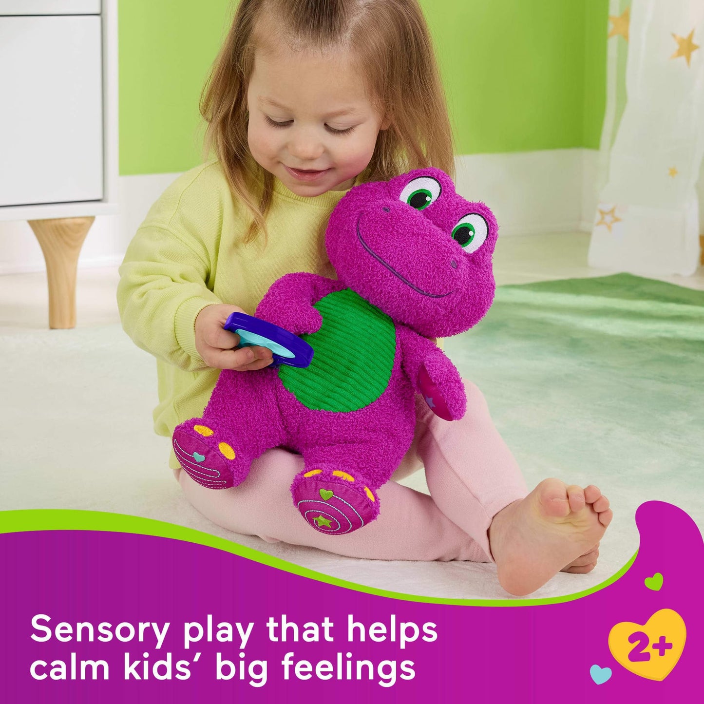 Fisher-Price Barney’s World Toddler Toy Sensory Barney 12.75-Inch Plush with Fidget Activity & Textured Details for Kids Ages 2+ Years