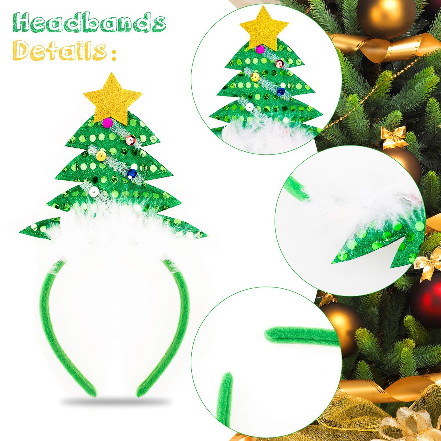 Whaline Christmas Headbands, Reindeer Antler Xmas Tree Head Hat Toppers Costume Headbands for Christmas Holiday Parties, Annual Holiday, Photos Booth