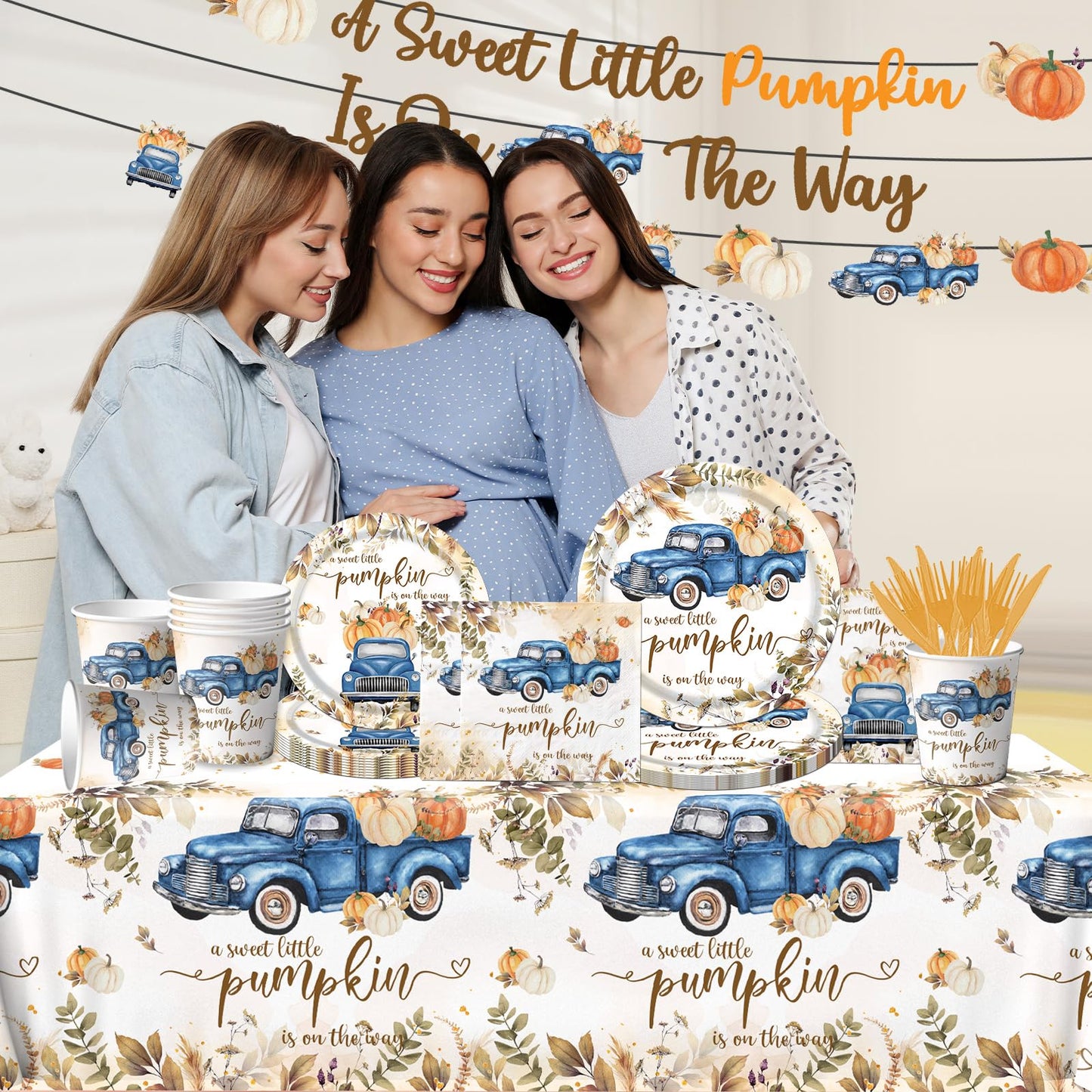 Little Pumpkin Baby Shower Decorations, 142pcs A Sweet Little Pumpkin Is On The Way Banner Pumpkin Plates and Napkins Boy Blue Truck Boho Thanksgiving