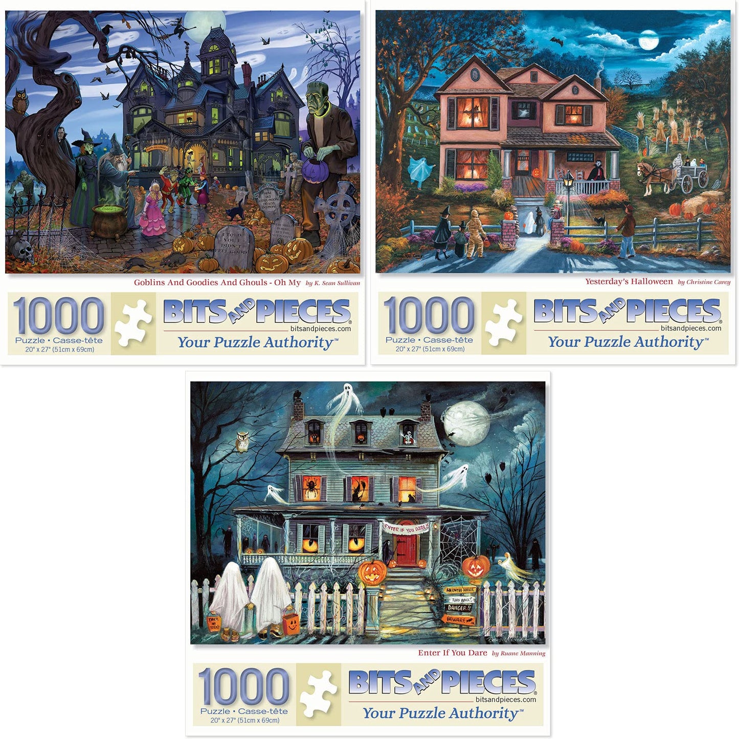 Bits and Pieces - Value Set of Three (3) - 1000 Piece Jigsaw Puzzles for Adults - Halloween Collection 1000 pc Jigsaws by Multiple Artists - 20" x 27"