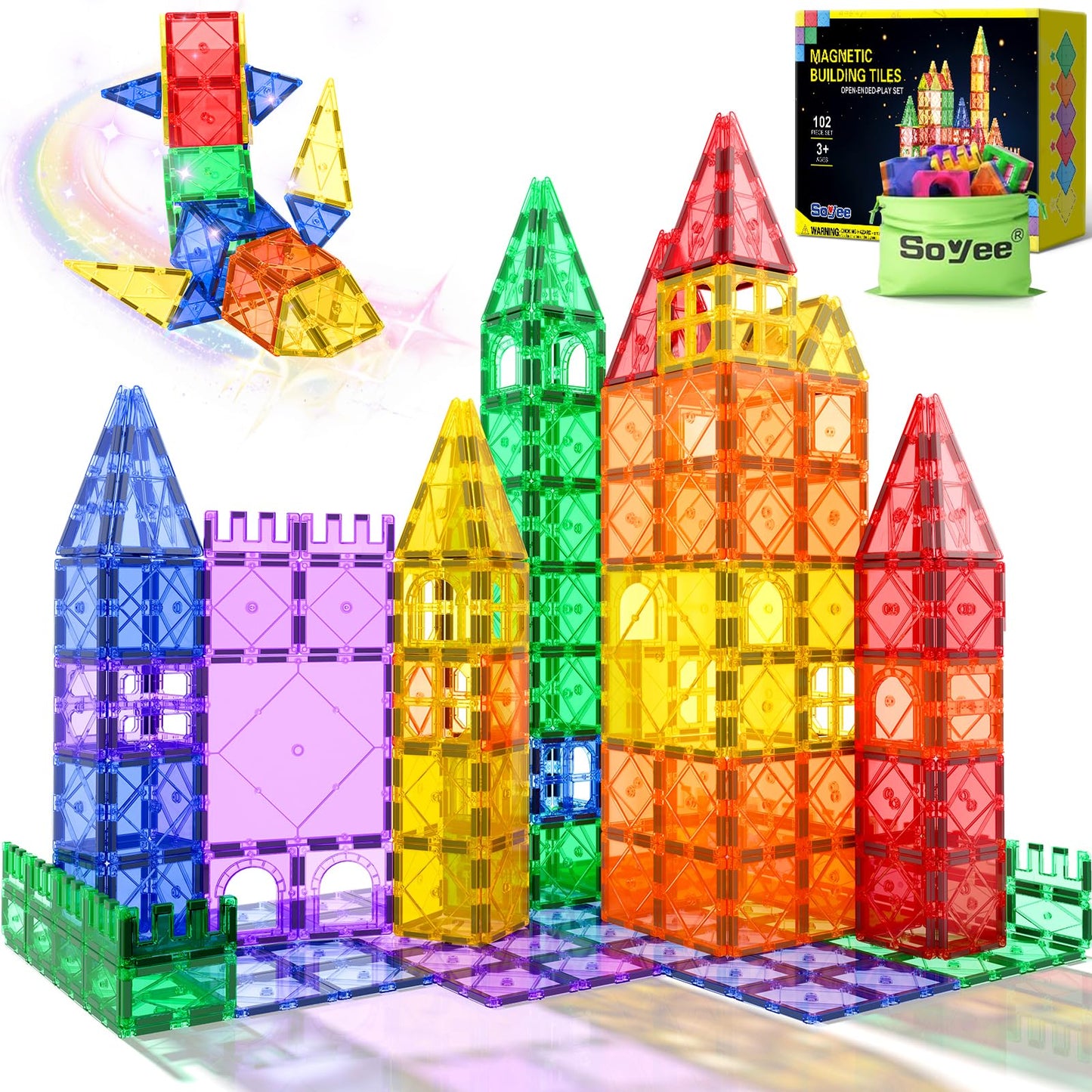 Soyee 102PCS Magnetic Tiles Building Blocks Stem Toys for 3+ Year Old Boys Girls Montessori Toys Toddler Kids Gifts Parents Approved Sensory Toys