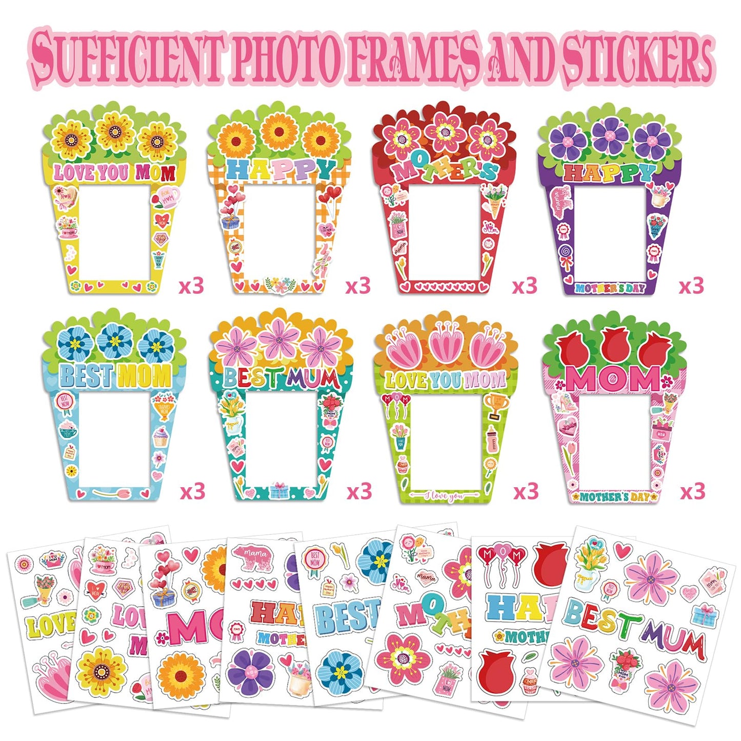 Hayux Mother's Day DIY Craft Kits for Kids 24 Packs DIY Love You Mom Flower Photo Frames Set with Stickers Paper Picture Frames Funny Mother's Day