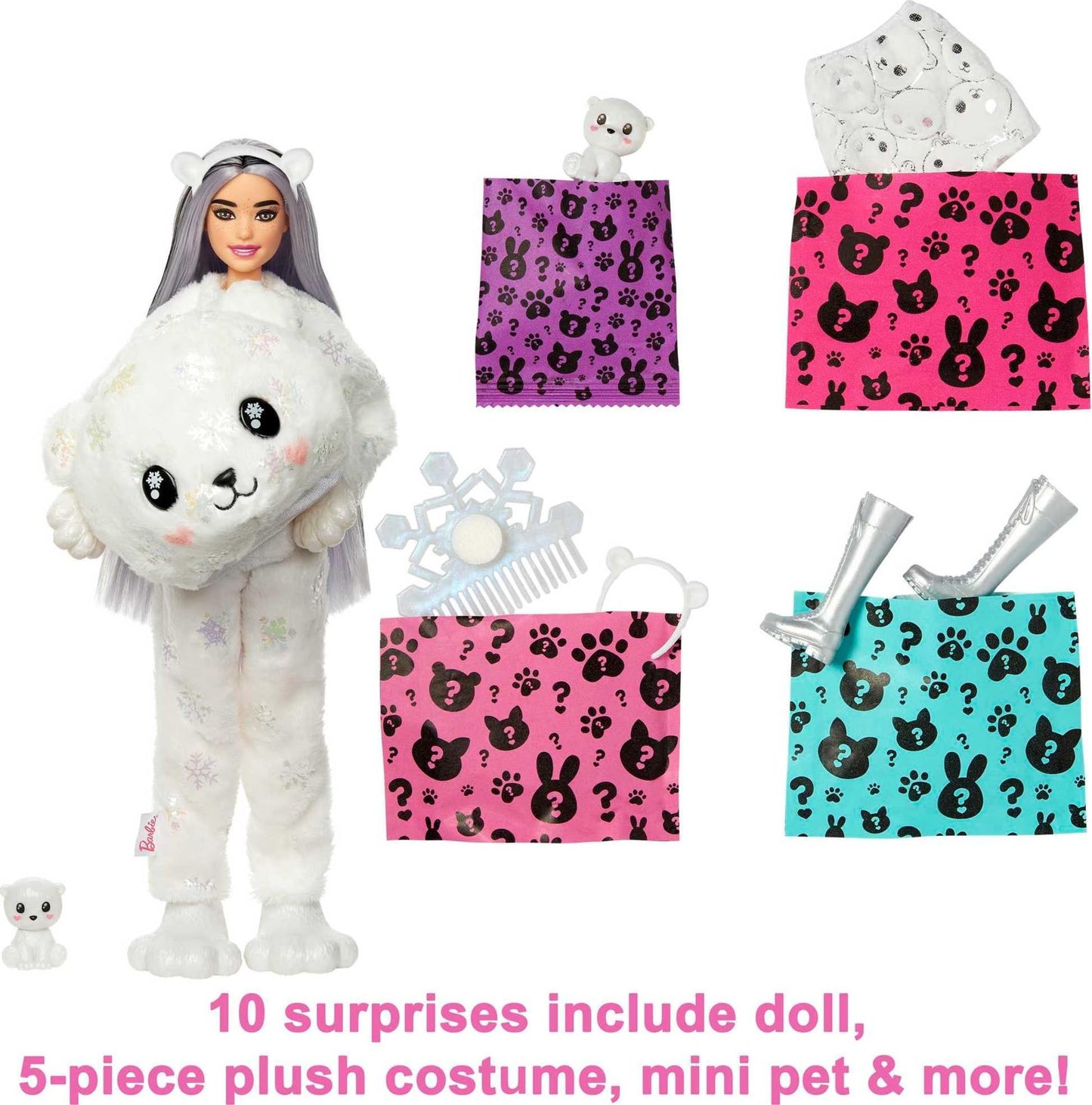 Barbie Cutie Reveal Doll, Snowflake Sparkle Polar Bear Costume, 10 Surprises Including Mini Pet & Color Change