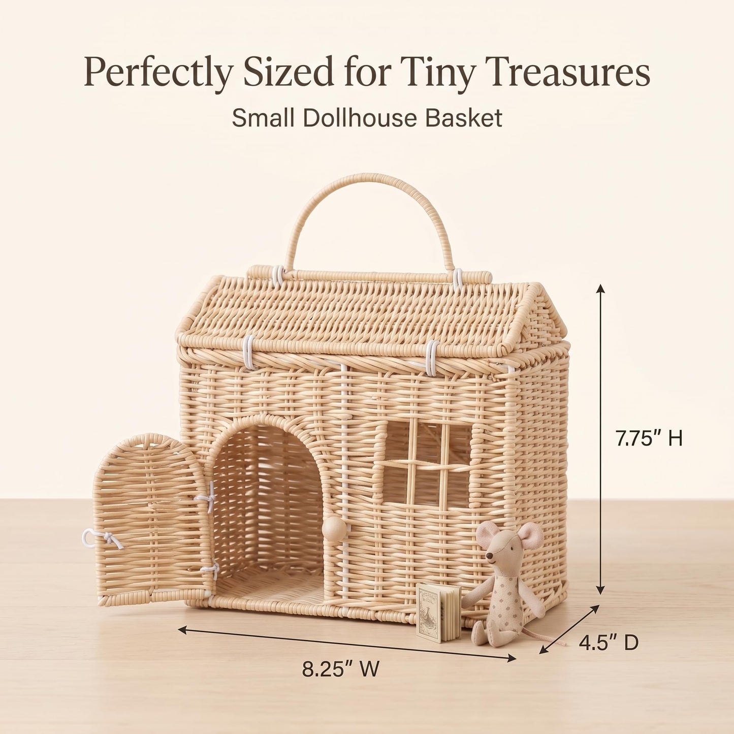 Rool Rattan House Shaped Basket Wicker Small Dollhouse Gift for Girls, Boho Toys, Mouse in a Box House, Little Girl Purse Clutch, Doll Carrier (Cream)