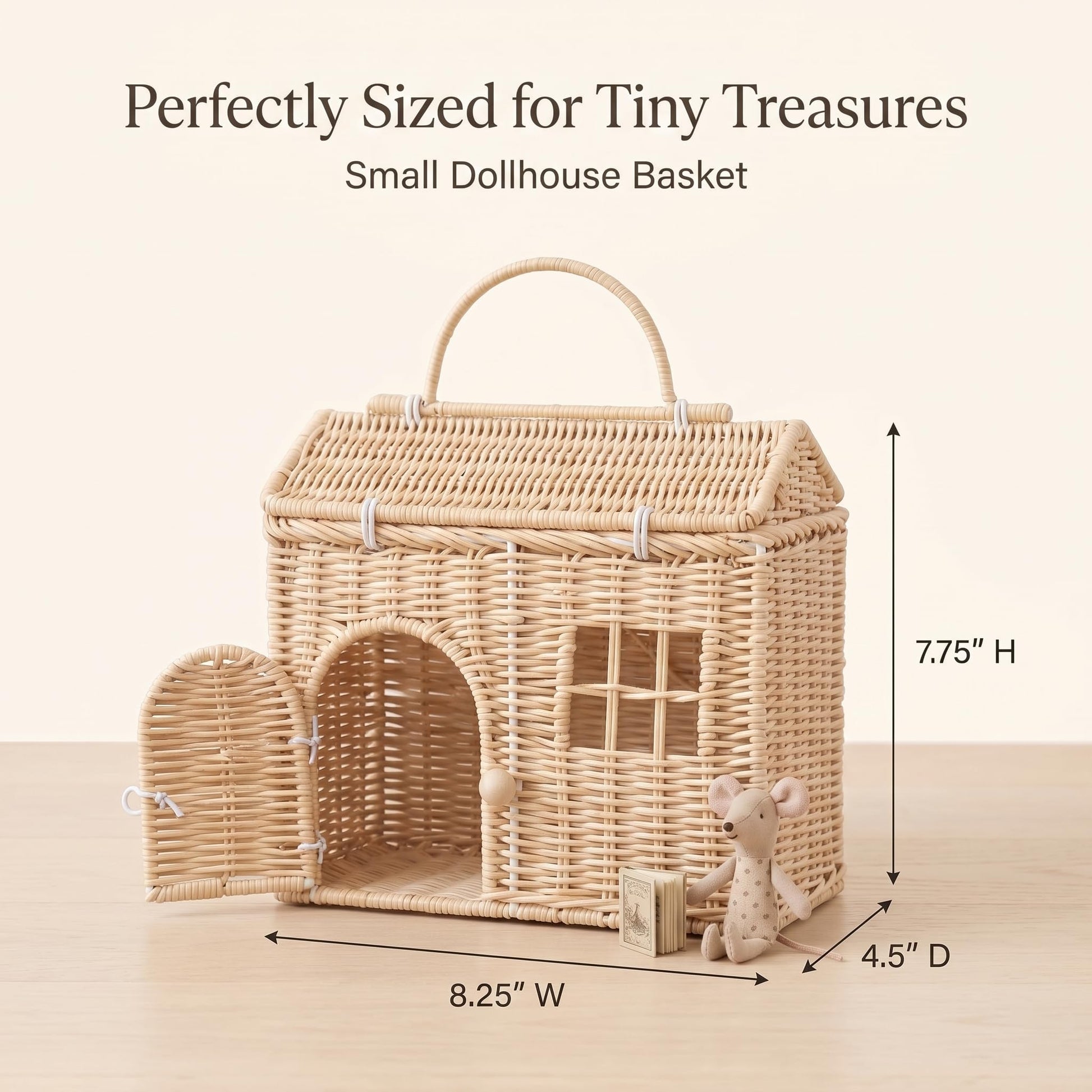 Rool Rattan House Shaped Basket Wicker Small Dollhouse Gift for Girls, Boho Toys, Mouse in a Box House, Little Girl Purse Clutch, Doll Carrier (Cream)