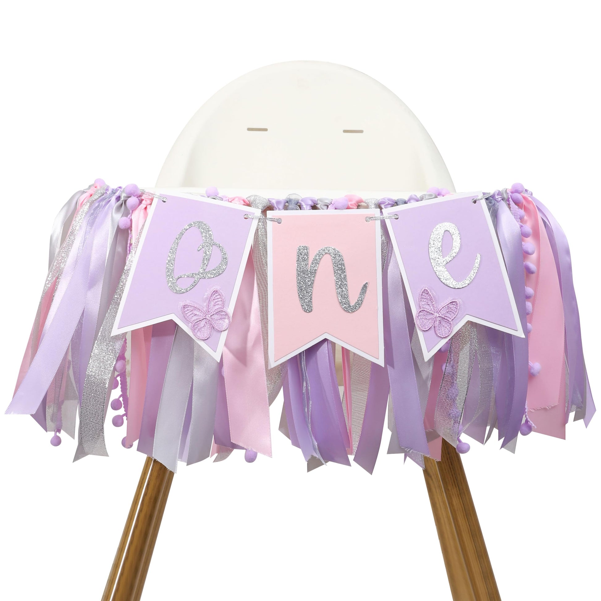 Pink & Purple Butterfly 1st Highchair Banner for Girls - Spring Butterfly One Party Decor & Cake Smash Photo Prop