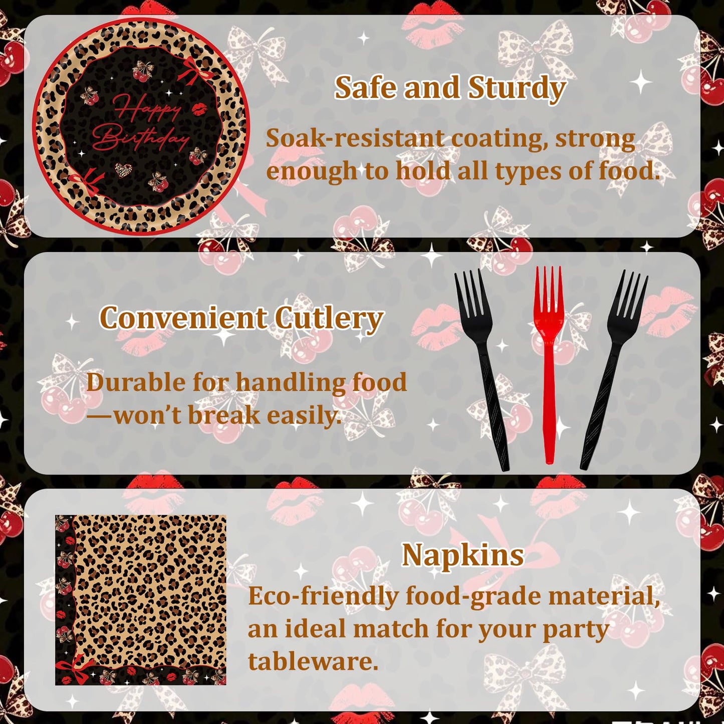 192 Pcs Cheetah Print Tableware Set (Serves 48 Guests), Plates, Napkins, Forks, Red Black Cheetah Cherry Theme for Girls Women Birthday Wedding