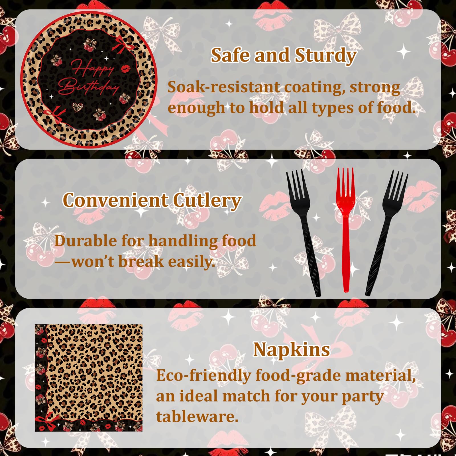 192 Pcs Cheetah Print Tableware Set (Serves 48 Guests), Plates, Napkins, Forks, Red Black Cheetah Cherry Theme for Girls Women Birthday Wedding