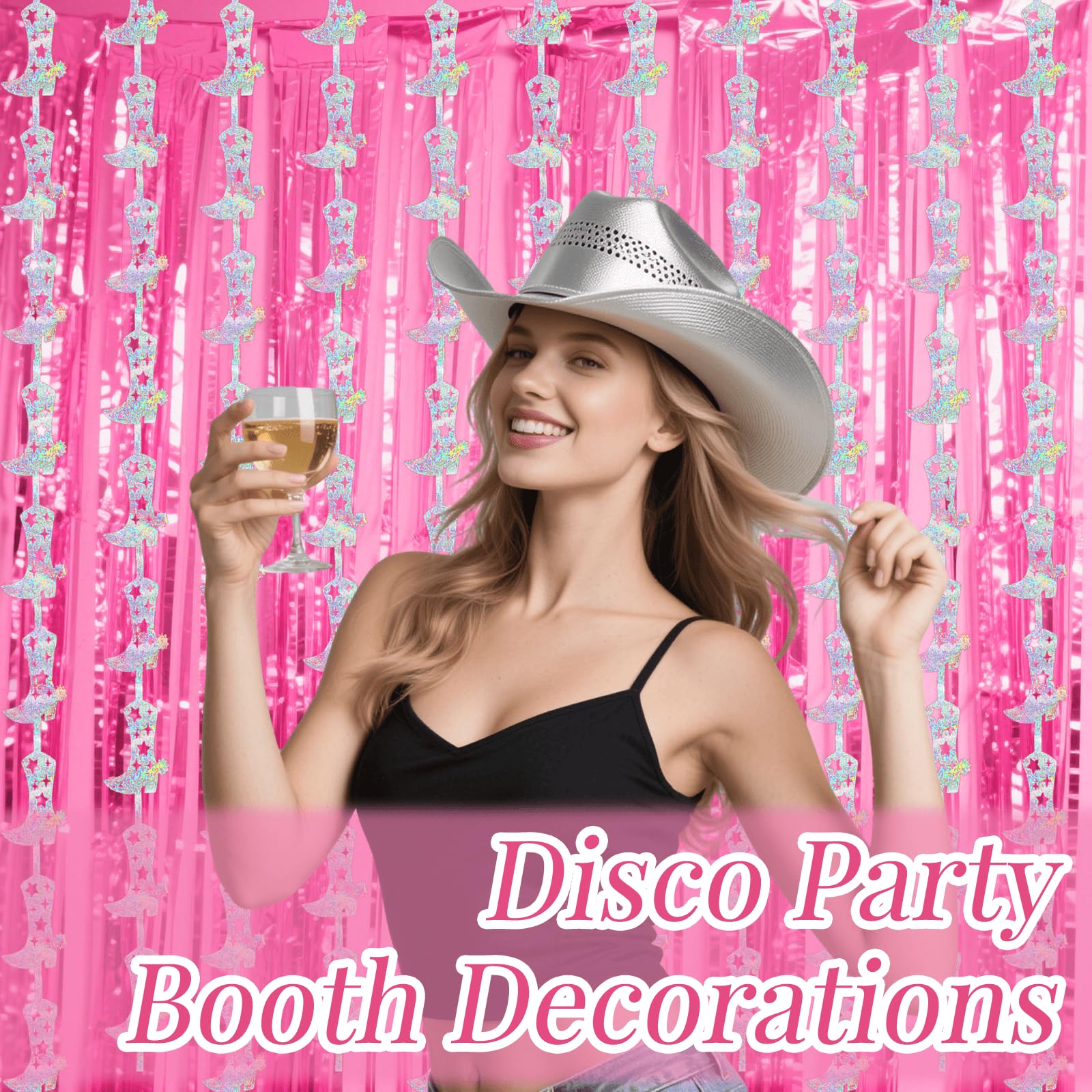 4 Pcs Cowgirl Party Decorations - 2 Boot Silver Metallic Tinsel Fringe Curtains & 2 Candy Pink Backdrops for Birthday Supplies Last Rodeo Bachelorette