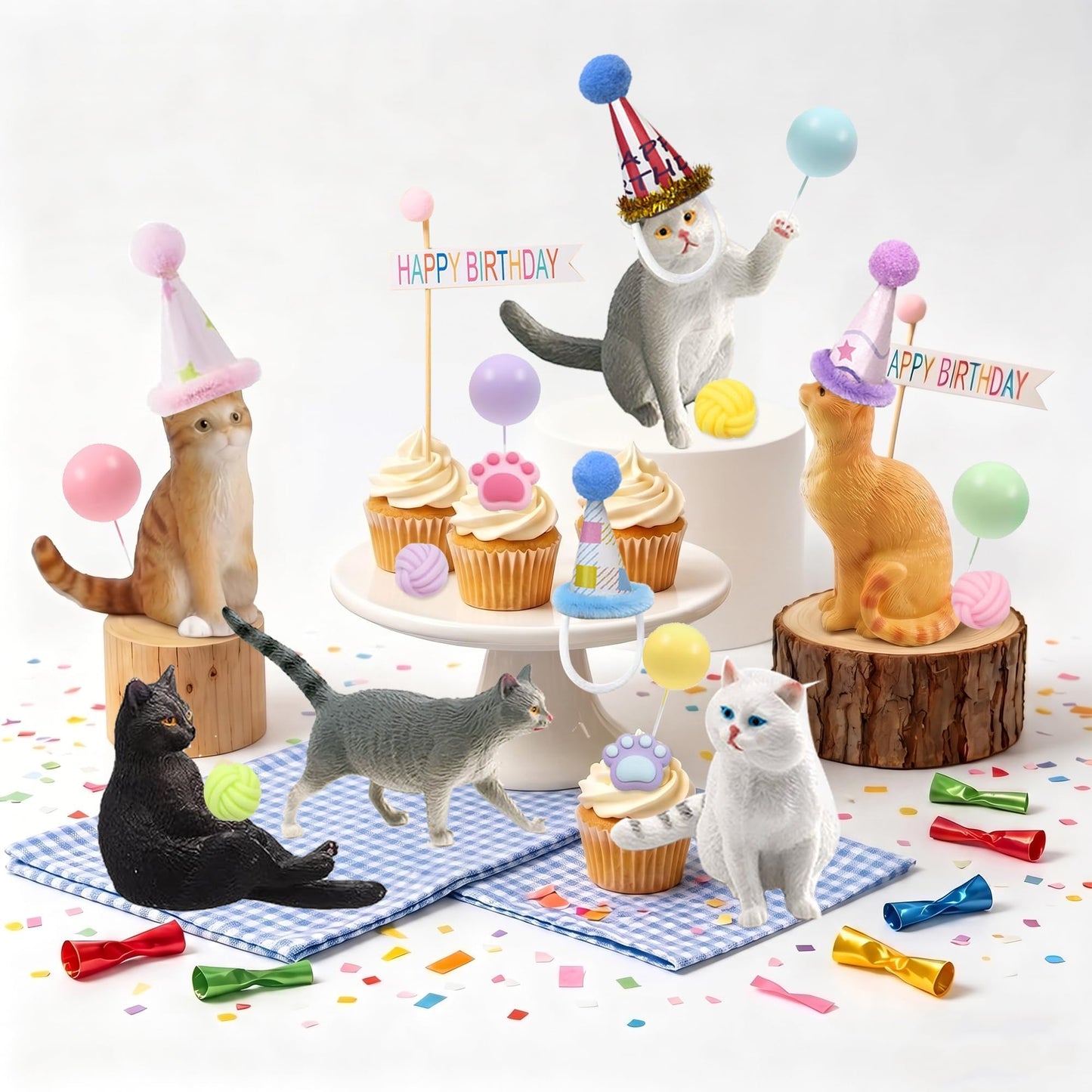 28Pcs Cat Cake Decorations, Cat Cake Toppers with Mini Hats, Animal Figure for Cat Themed Birthday Party, Pet Cake Supplies for Cat Lovers