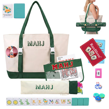 RanBlesu American Mahjong Tile Set, 166 Premium Green Tiles, 4 All-in-One Color Racks/Pushers, Mahjong Accessories Mahjong Set Complete with Bag (Ma