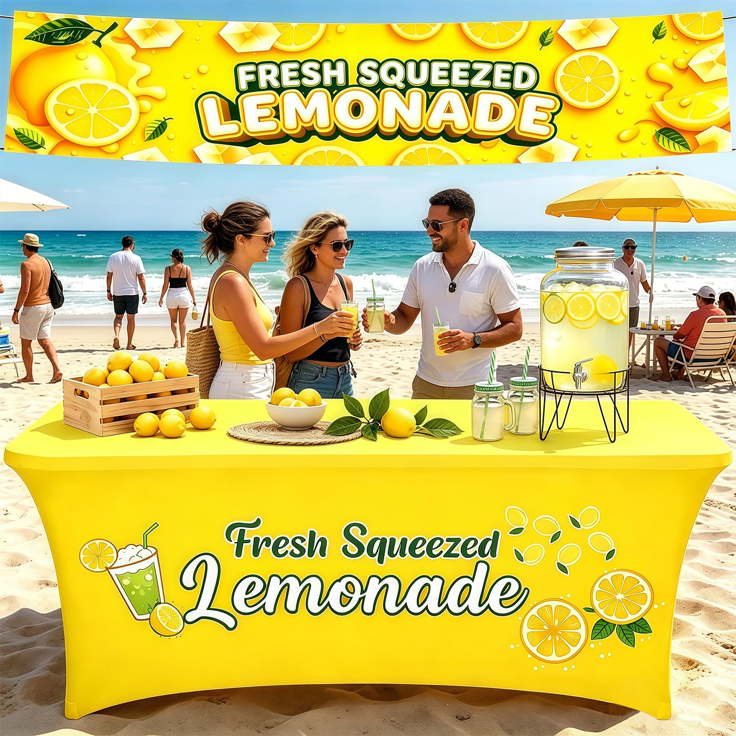 GOGOBAY 6 ft Yellow Lemonade Stand Open Back Tablecloth with 2 x 10 ft Lemonade Vinyl Banner, Stretch Spandex Table Cover for Lemonade Stand Supplies