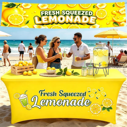 GOGOBAY 6 ft Yellow Lemonade Stand Open Back Tablecloth with 2 x 10 ft Lemonade Vinyl Banner, Stretch Spandex Table Cover for Lemonade Stand Supplies