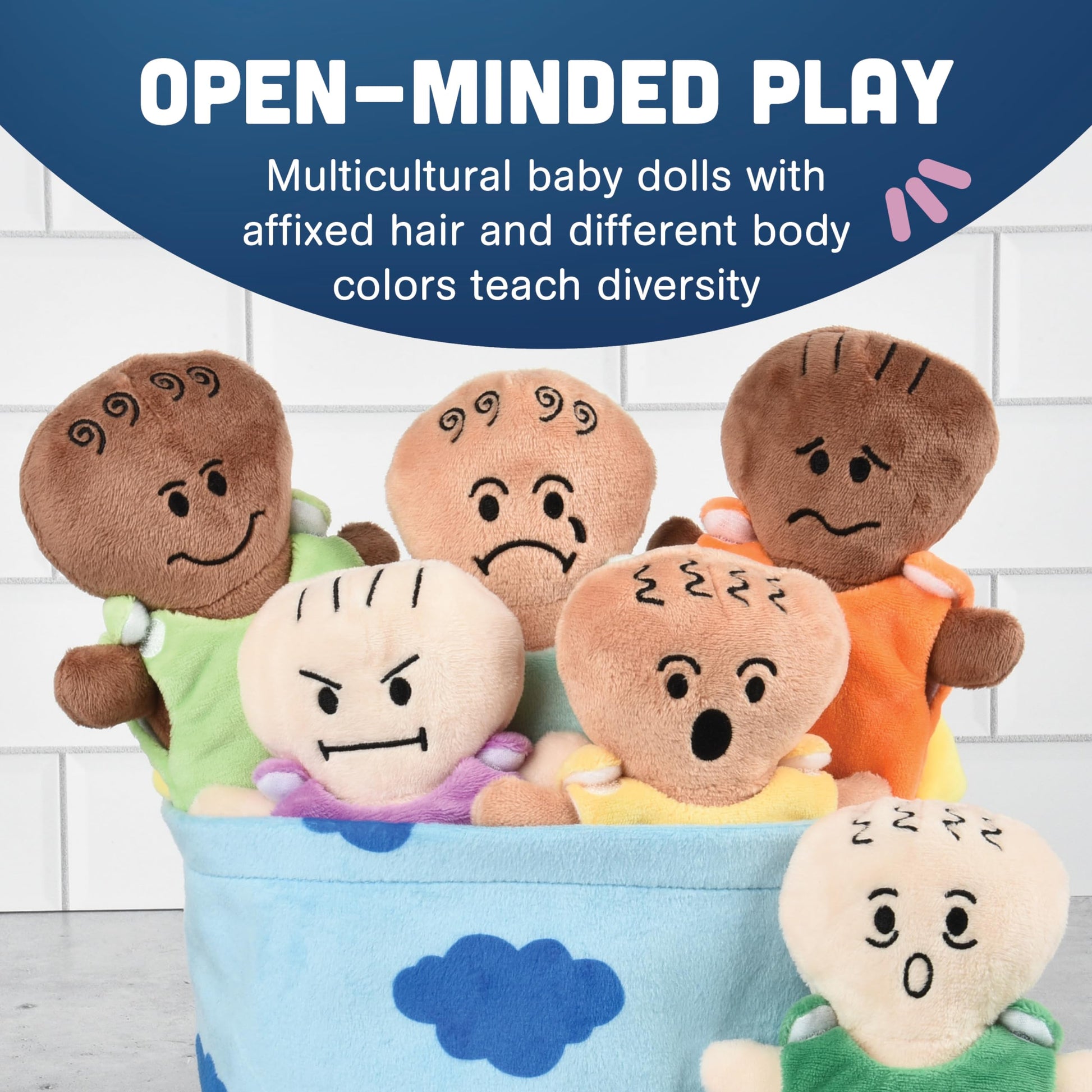 Constructive Playthings 6-Piece Expression Plush Baby Dolls Set for Social Emotional Learning, Plush Multicultural Sensory Cloth Babies Toy Set