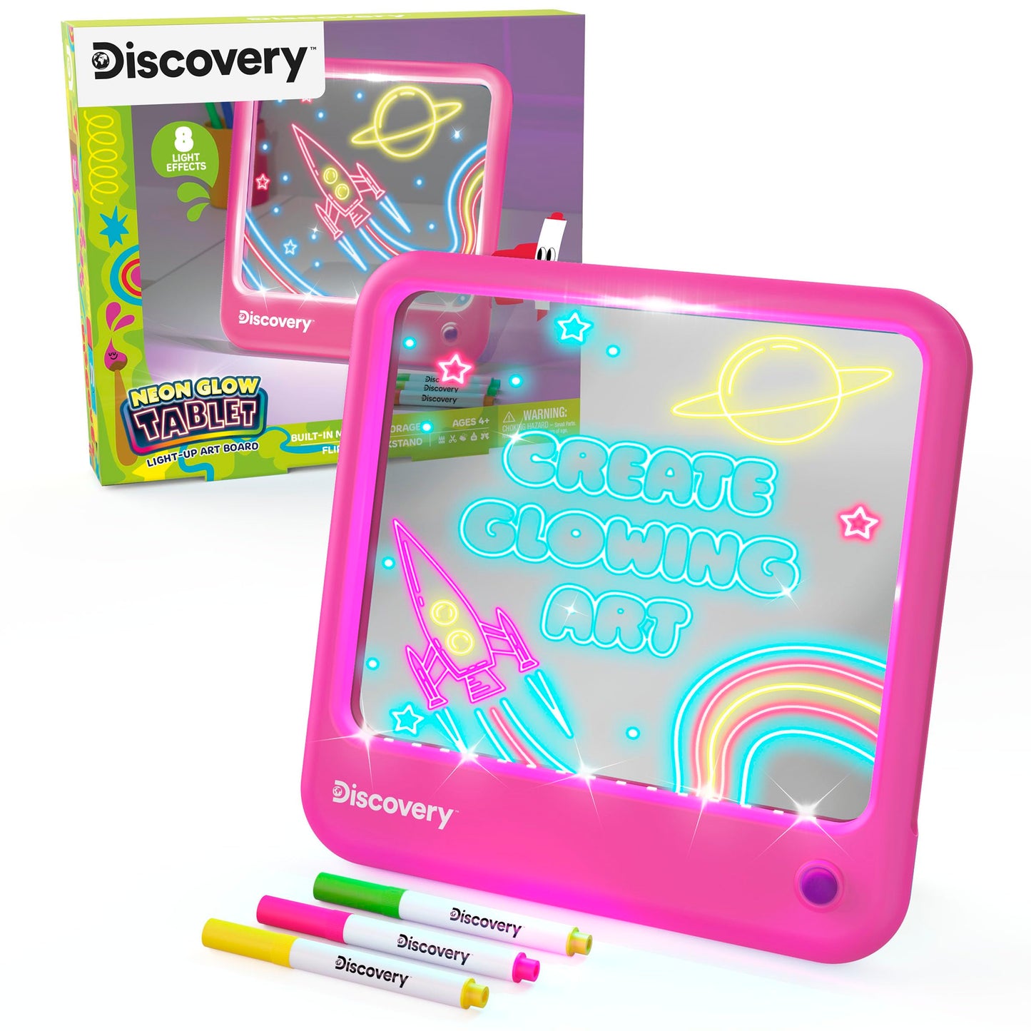 Discovery Neon Glow Drawing Board - LED Drawing Tablet for Kids| 8 Light Effects, 3 Washable Markers| Doodle Board Sketch Pad Art Kit| Built-in