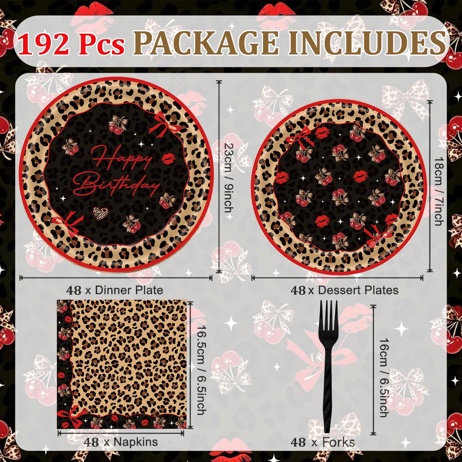 192 Pcs Cheetah Print Tableware Set (Serves 48 Guests), Plates, Napkins, Forks, Red Black Cheetah Cherry Theme for Girls Women Birthday Wedding