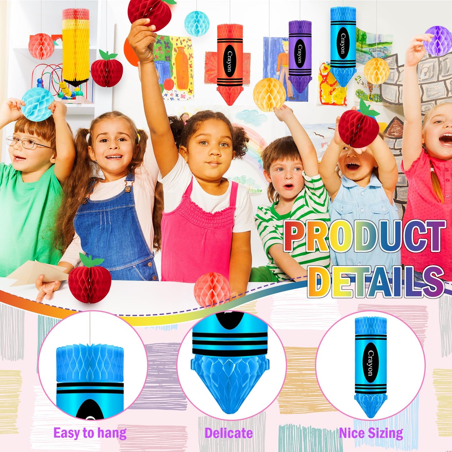 13 Pcs Crayon Apple-Shaped Hanging Honeycomb Balls Honeycomb Pencil Paper Ball Decorations Welcome Back to School Classroom Decorations First Day