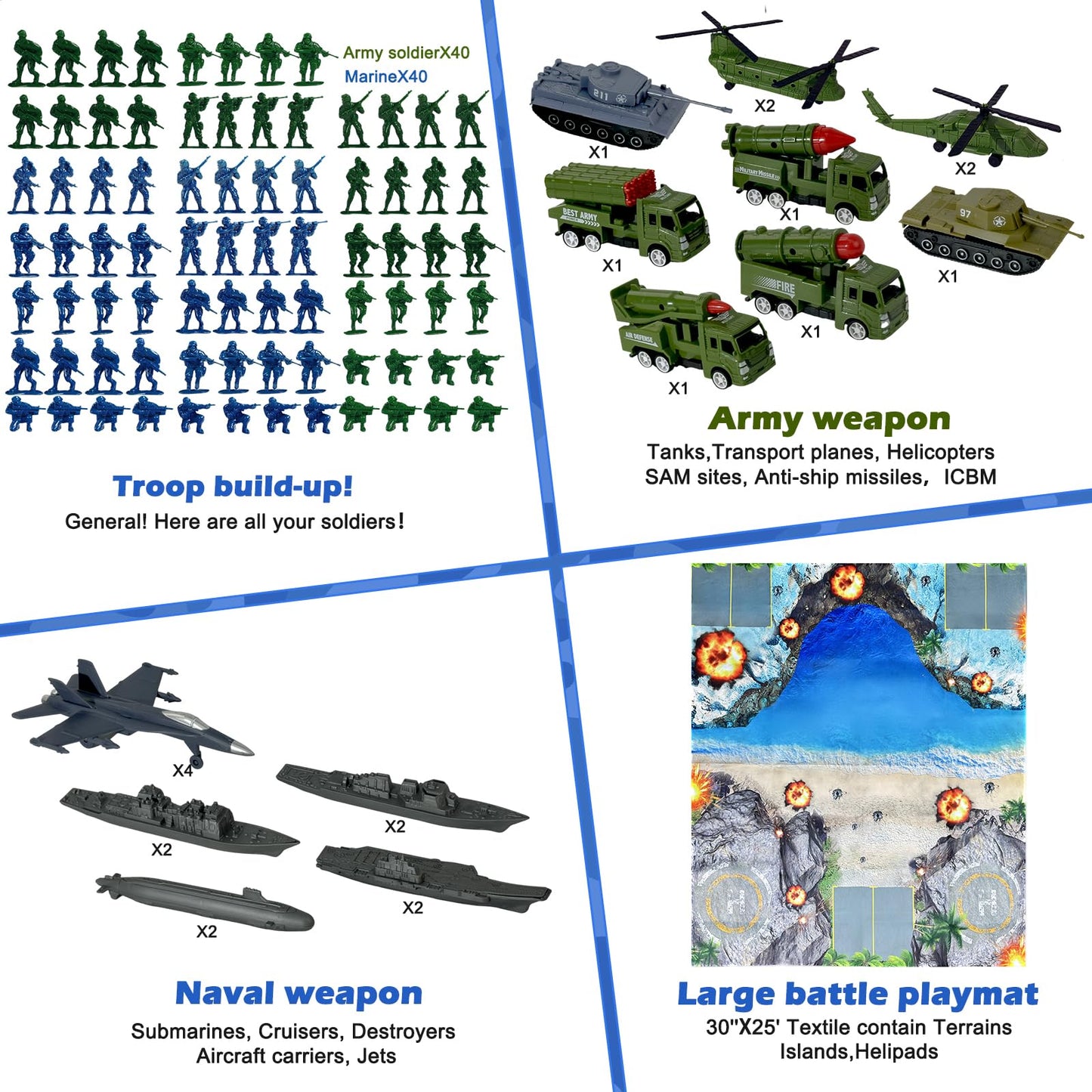 TALGIC Army Men Playset - Large Set Including Army Men Action Figures, Battle Mat, Army and Navy Weapon Gear Accessories, Military Combat Toys, Army