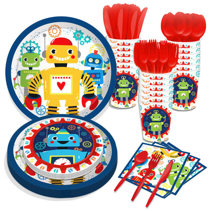 Lide Road 116 Pcs Robot Birthday Party Supplies Kit, Robot Plates, Napkins, Cups, Forks, Knives, Spoons for 16 Guests