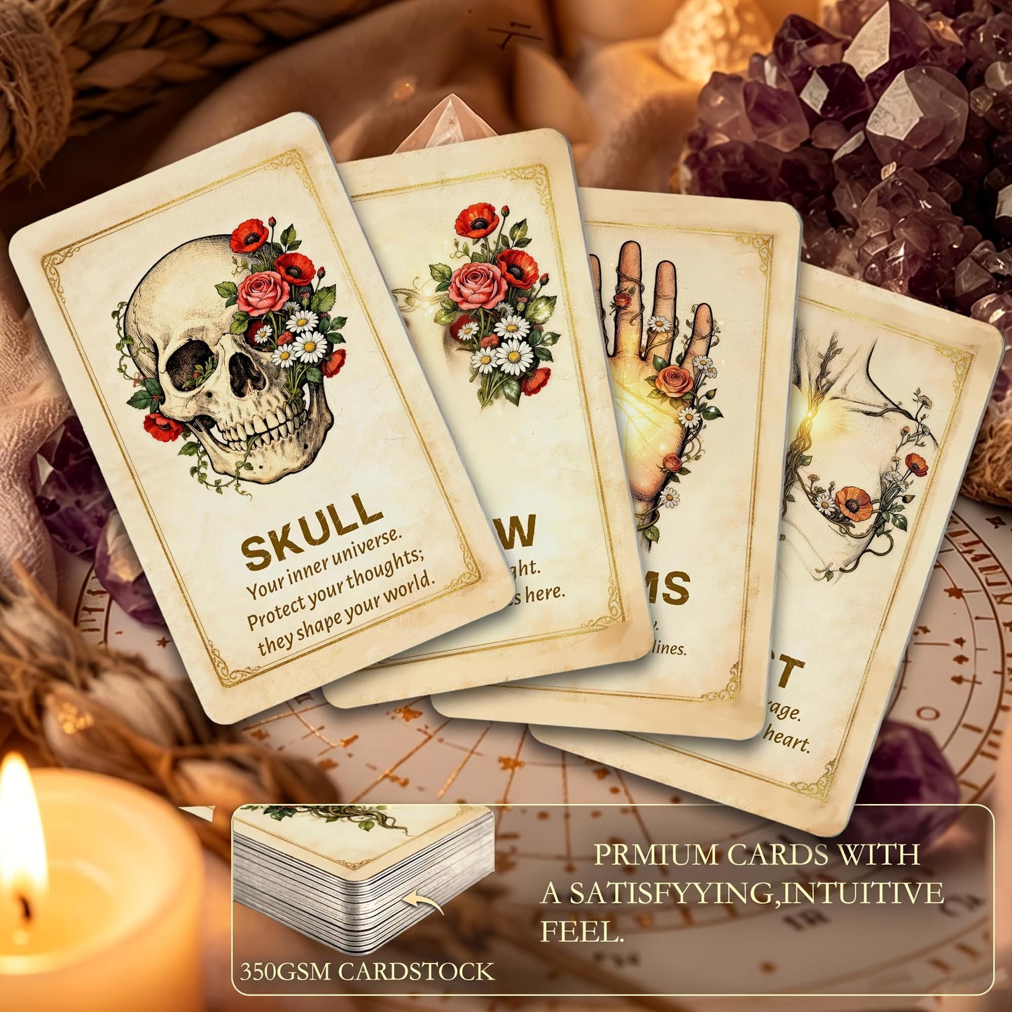 Oracle Cards: Skeleton & Flower Art Deck | 55 Cards for Connecting Inner Voice & Physical Intuition, Unique Mexican Folk Style Gift