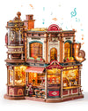 ROBOTIME Moving Coffee Factory 3D Wooden Puzzle for Adults - Mechanical Building Kit with Music Box & Warm LED Lights, 593PCS No-Glue Book Nook Kit