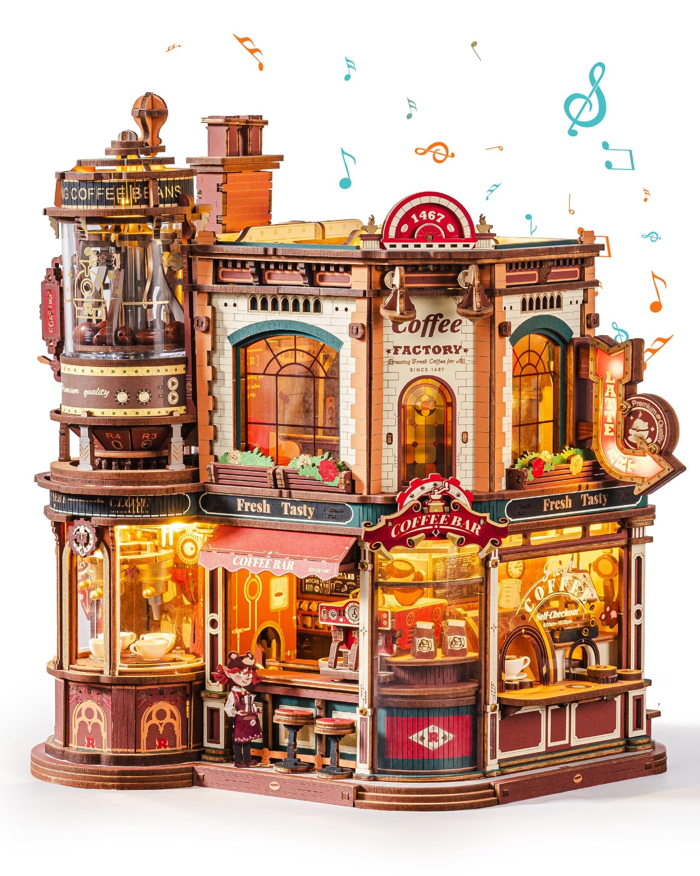 ROBOTIME Moving Coffee Factory 3D Wooden Puzzle for Adults - Mechanical Building Kit with Music Box & Warm LED Lights, 593PCS No-Glue Book Nook Kit