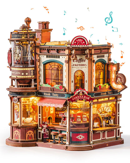 ROBOTIME Moving Coffee Factory 3D Wooden Puzzle for Adults - Mechanical Building Kit with Music Box & Warm LED Lights, 593PCS No-Glue Book Nook Kit