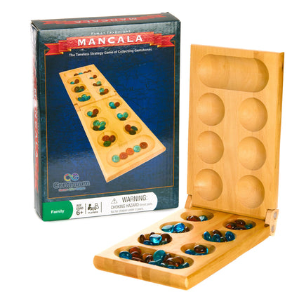 Family Traditions Mancala 2 Player Board Game, Fun Classic Table Game with Wooden Board and Deep Pockets for Mancala Gems, Popular Strategy Game