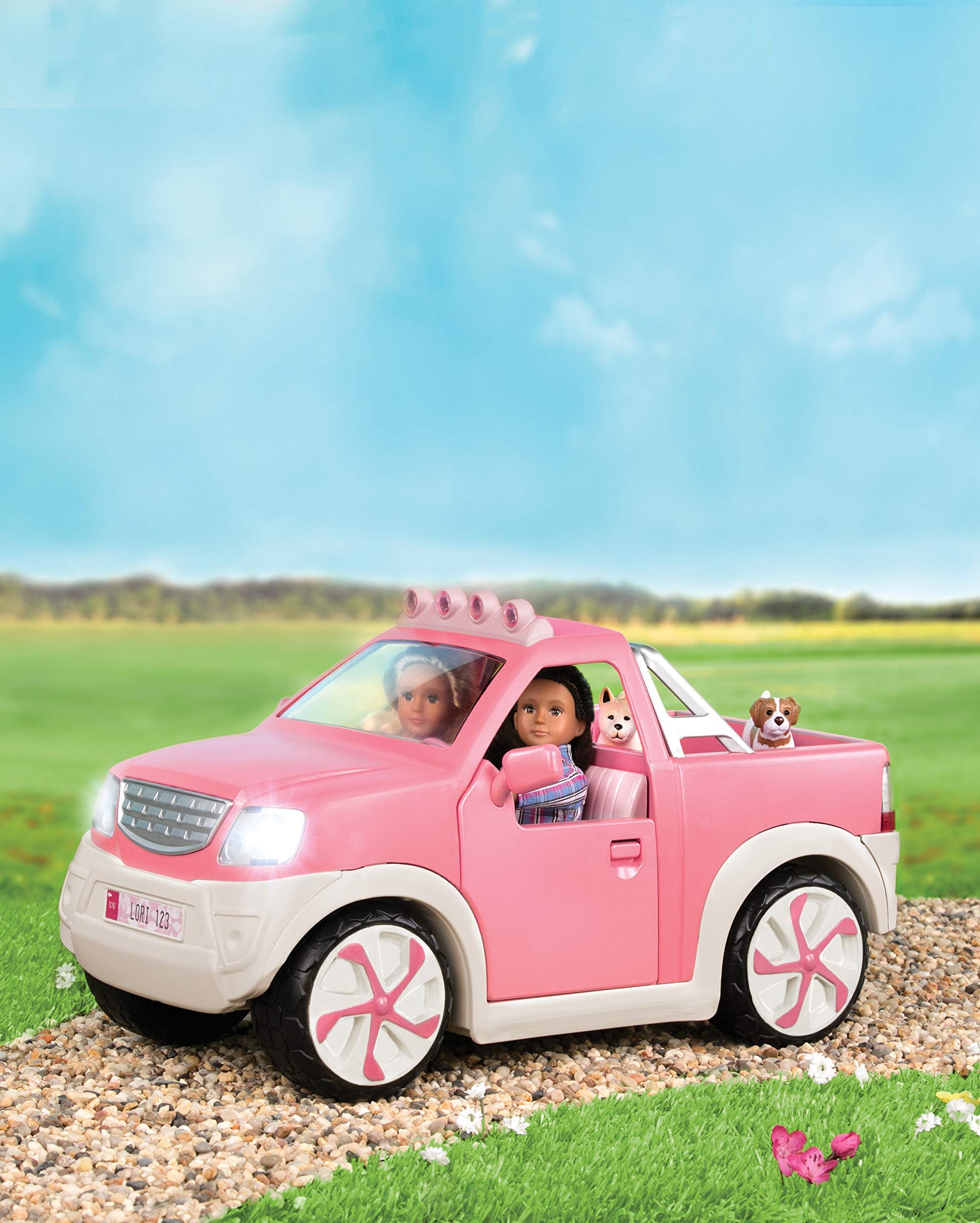 Lori - Pick - Up Truck for Mini Dolls - Pink Car for 6-Inch Dolls - Real Radio & Trailer Hitch - Music & Lights - 3+ Years- Ride & Shine Pickup Truck