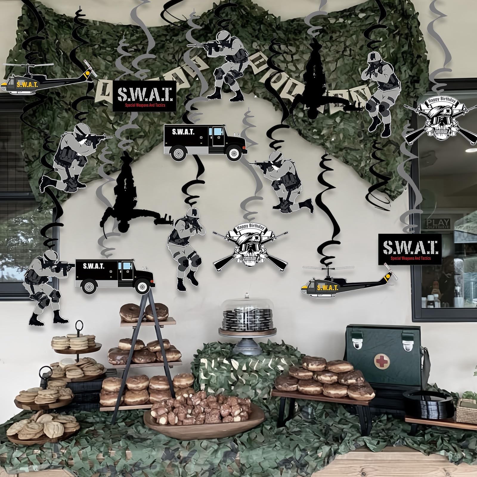 SWAT Theme Hanging Swirl Birthday Party Decors Special Forces Party Dizzy Danglers Military Ceiling Streamers Party Supplies for Adults Pretend Play