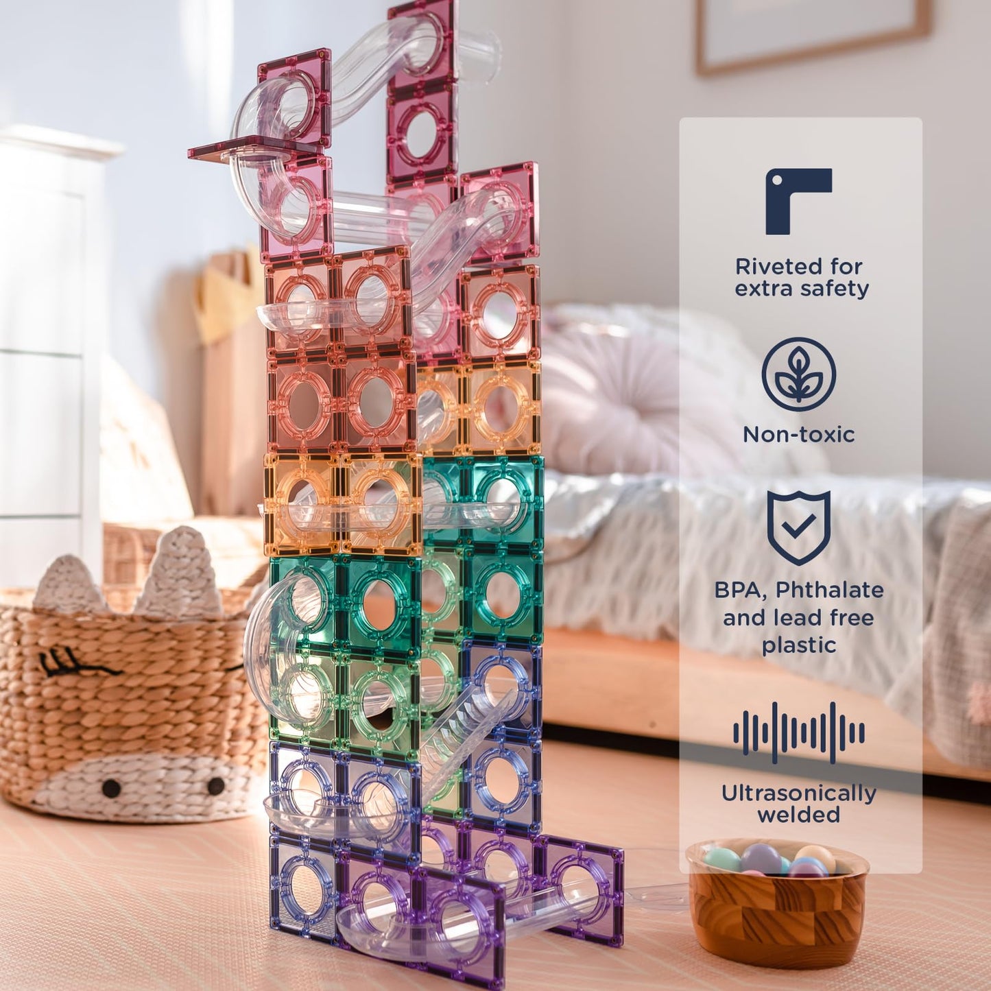 CONNETIX Magnetic Tiles Pastel Ball Run Pack, 106 Pieces