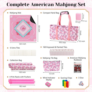 Roneenz American Mahjong Set with Mat and Racks - 166 Pink Tiles, 4 All-in-One Color Rack/Pushers, Chips & Dice, Pink Carrying Bag - Complete Portable