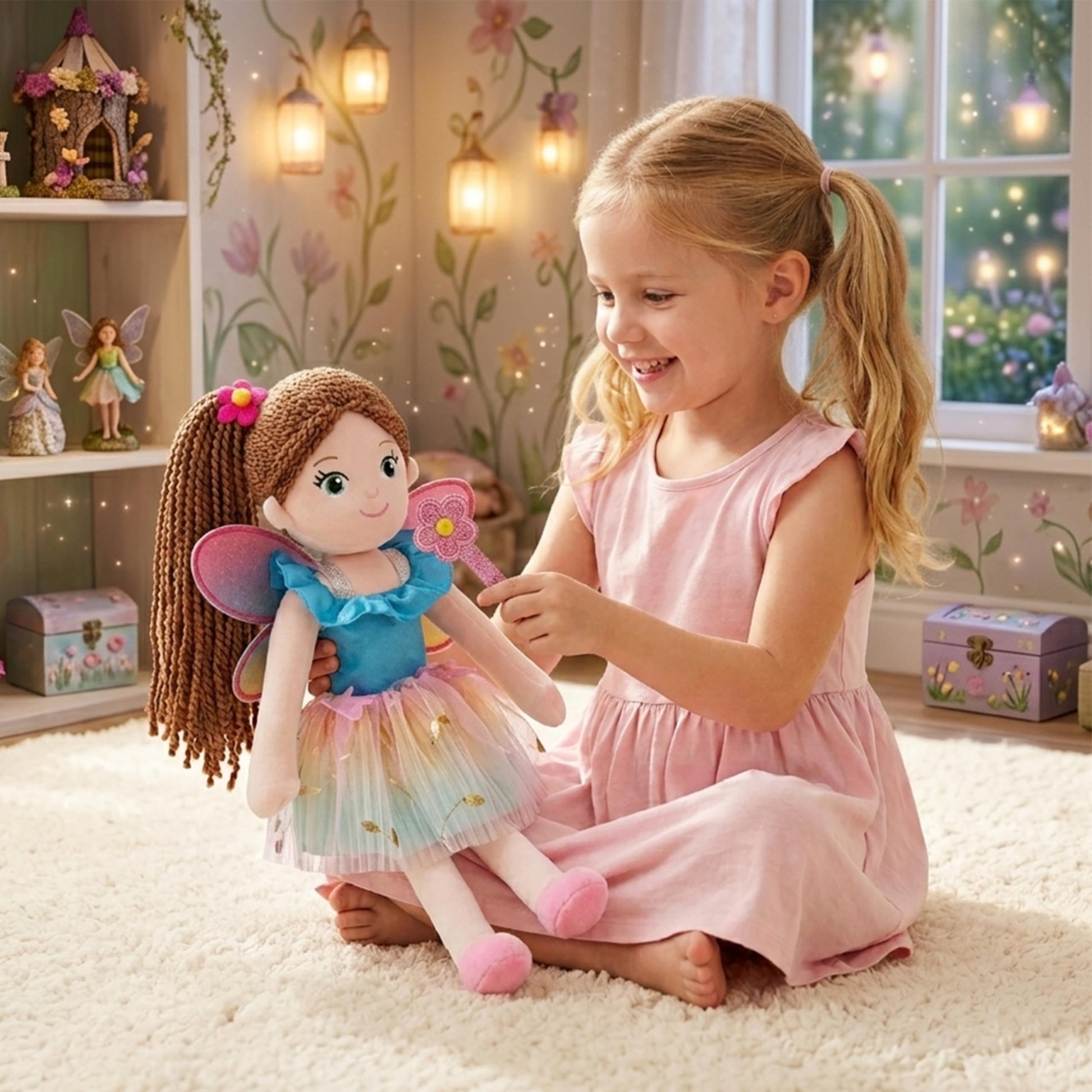 June Garden 4-Piece Fairy Doll Clothing Set for 14” Dolls - Removable Dress Up Outfit with Wings, Rainbow Tutu Skirt & Magic Wand - Interchangeable