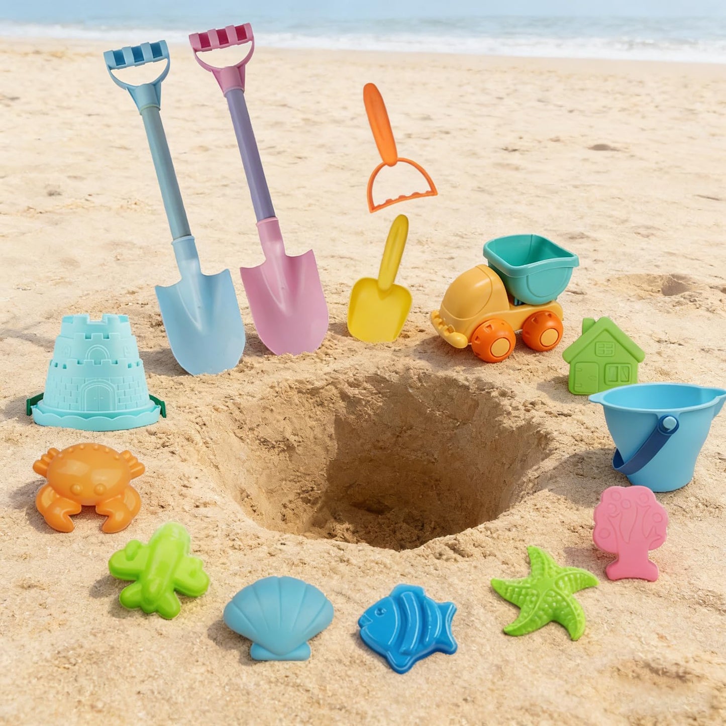 IOKUKI Long Shovels Sand Toys Set with Mesh Bag Including Dump Truck, Beach Buckets, Shovels, Rakes, Molds, Outdoor Beach Toy Tool Kit for Kids