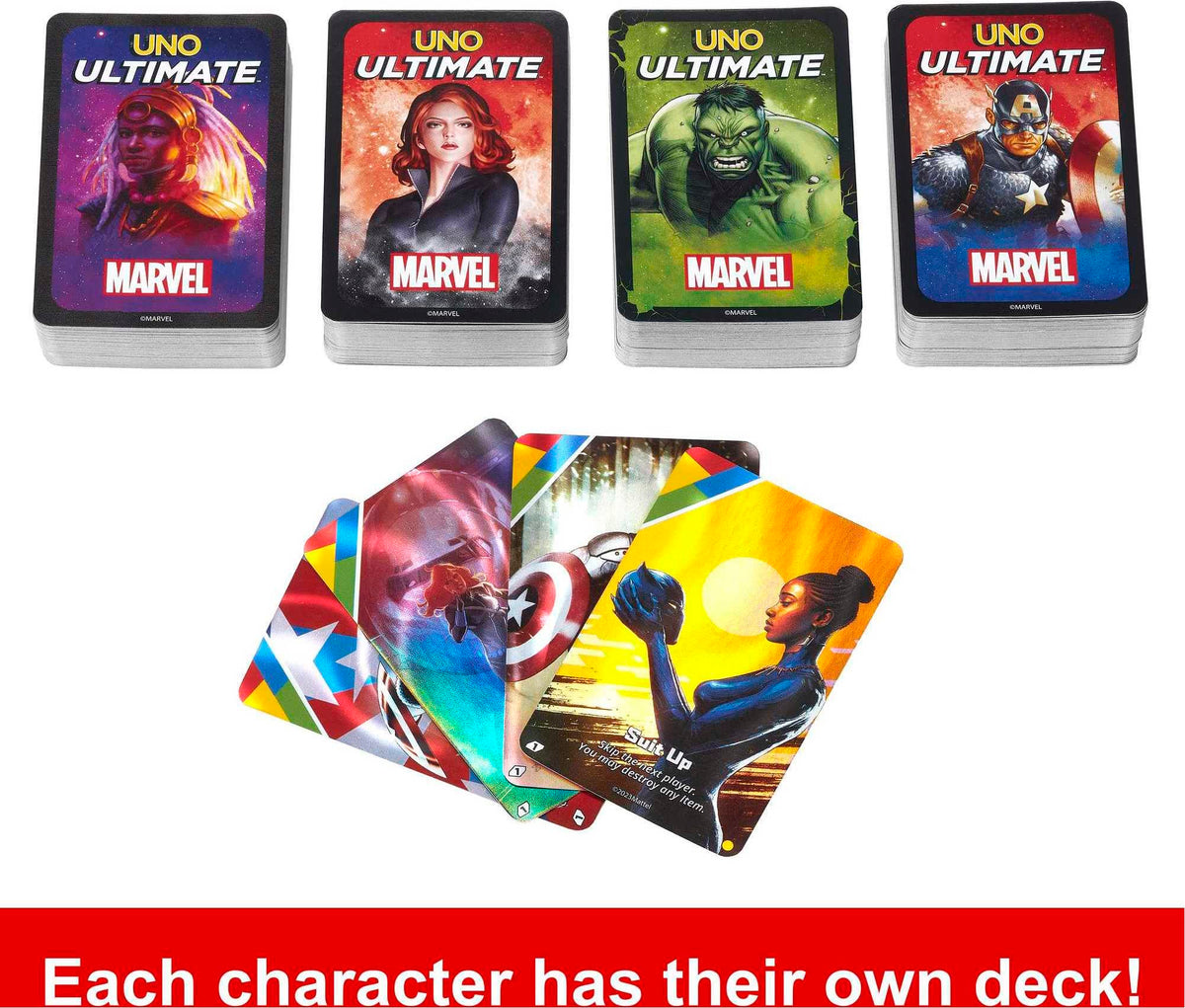 Mattel Games UNO Ultimate Marvel Card Game with 4 Character Decks, 4 Collectible Foil Cards & Special Rules, 2-4 Players, 2nd Edition