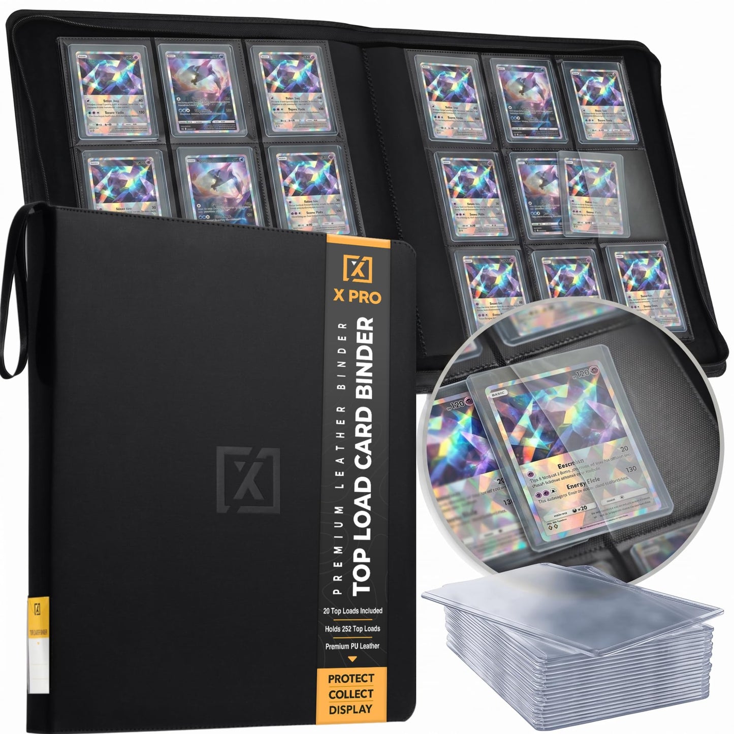 X PRO Top Load Card Binder - Compatible with Top-loading Card Cases - Fits 252 | 20 Premium Loaders Included | 9-Pocket Ringless Double-Sided Pages |