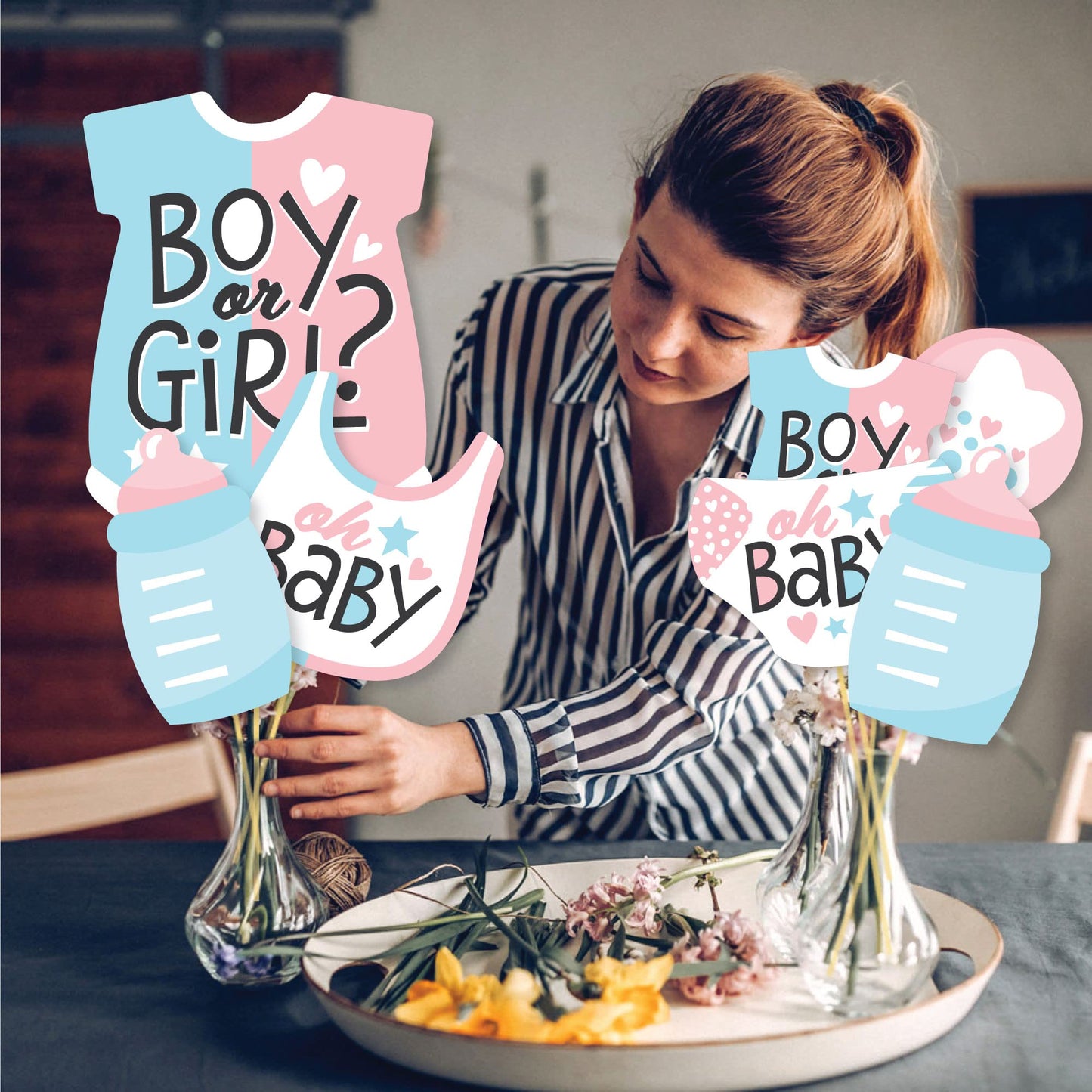 Big Dot of Happiness Baby Gender Reveal - Team Boy or Girl Party Centerpiece Sticks - Showstopper Table Toppers - 35 Pieces