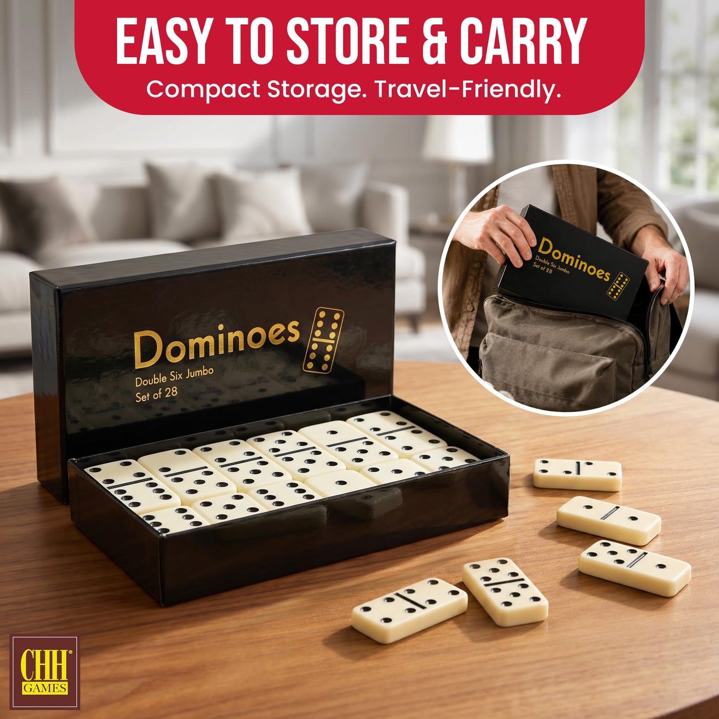 CHH Black/Cream Color Double 6 Jumbo Size Domino Tiles - Premium Set of 28 Ivory Dominoes - Classic Family Game in Cardboard Box