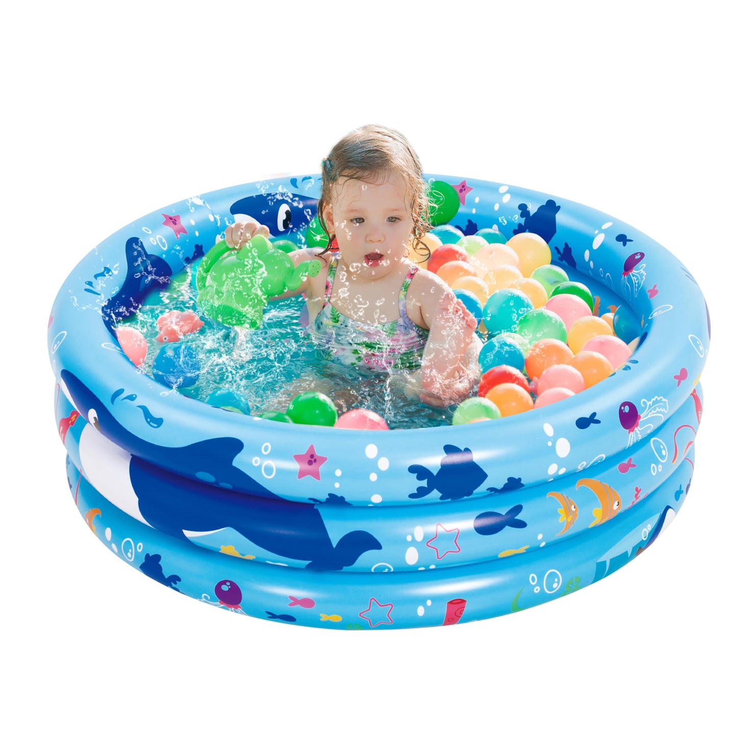 Sloosh Inflatable Kiddie Pool, 34"x10" Blow Up Kid Swimming Pool, 3 Rings Blue Baby Pool for Toddler, Play Pit for Dog with Ocean Whale Pattern