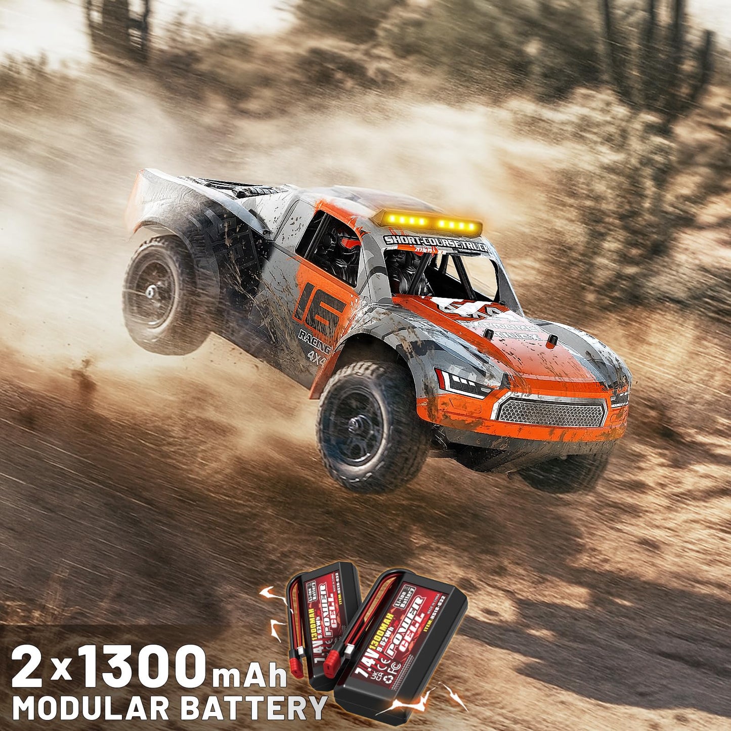 1:16 Beginner RC Cars,4WD Drift All Terrain Remote Control Car Short Course RC Truck, Up to 36 km/h,2.4GHz RTR, 2×7.4V 1300mAh Batteries, 2 Tire Sets