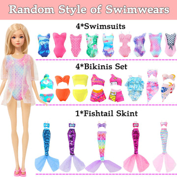 MCZQXW 40 Psc Doll Swimsuits Set, Bikini Clothes and Accessories for 11.5 inch Girl Doll Beach Bathing Outfits, Fishtail Skirt, Beach Chair