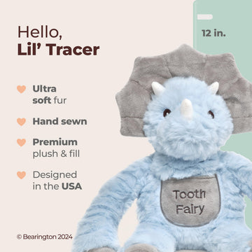 Bearington Lil' Tracer Dinosaur Stuffed Animal - 12" Tooth Fairy Tooth Holder with Soft Plush Fur, Long Arms with Velcro, and Little Pocket - Adorable