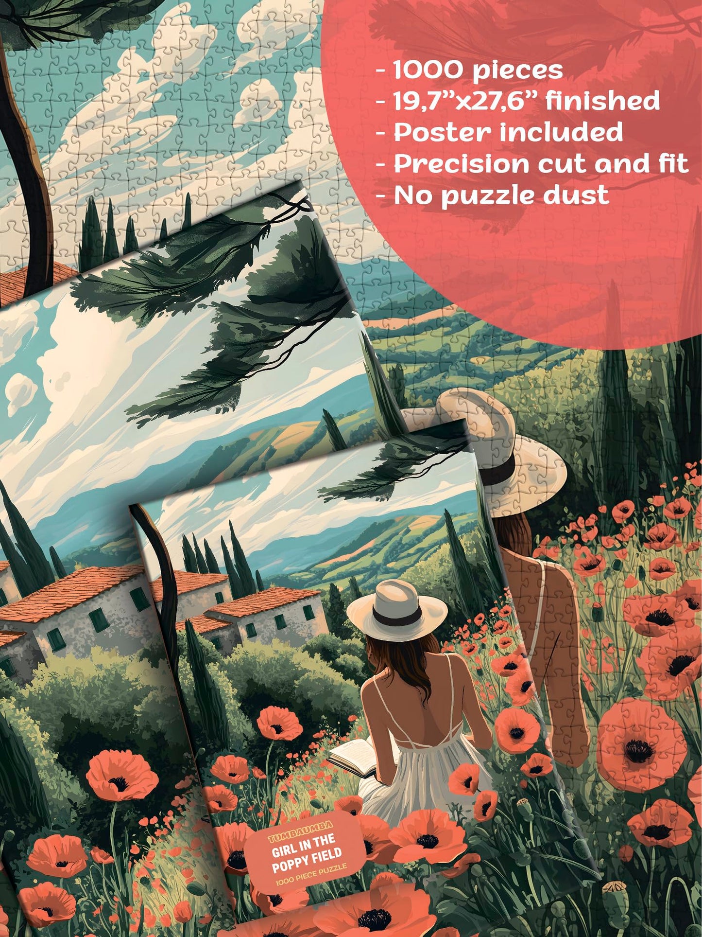 TUMBAUMBA, Puzzle for Adults 1000 Pieces, Art Jigsaw Puzzles, Colorfull Landscape Puzzles Girl in The Poppy Field, Mate Finish, Poster Included 1000