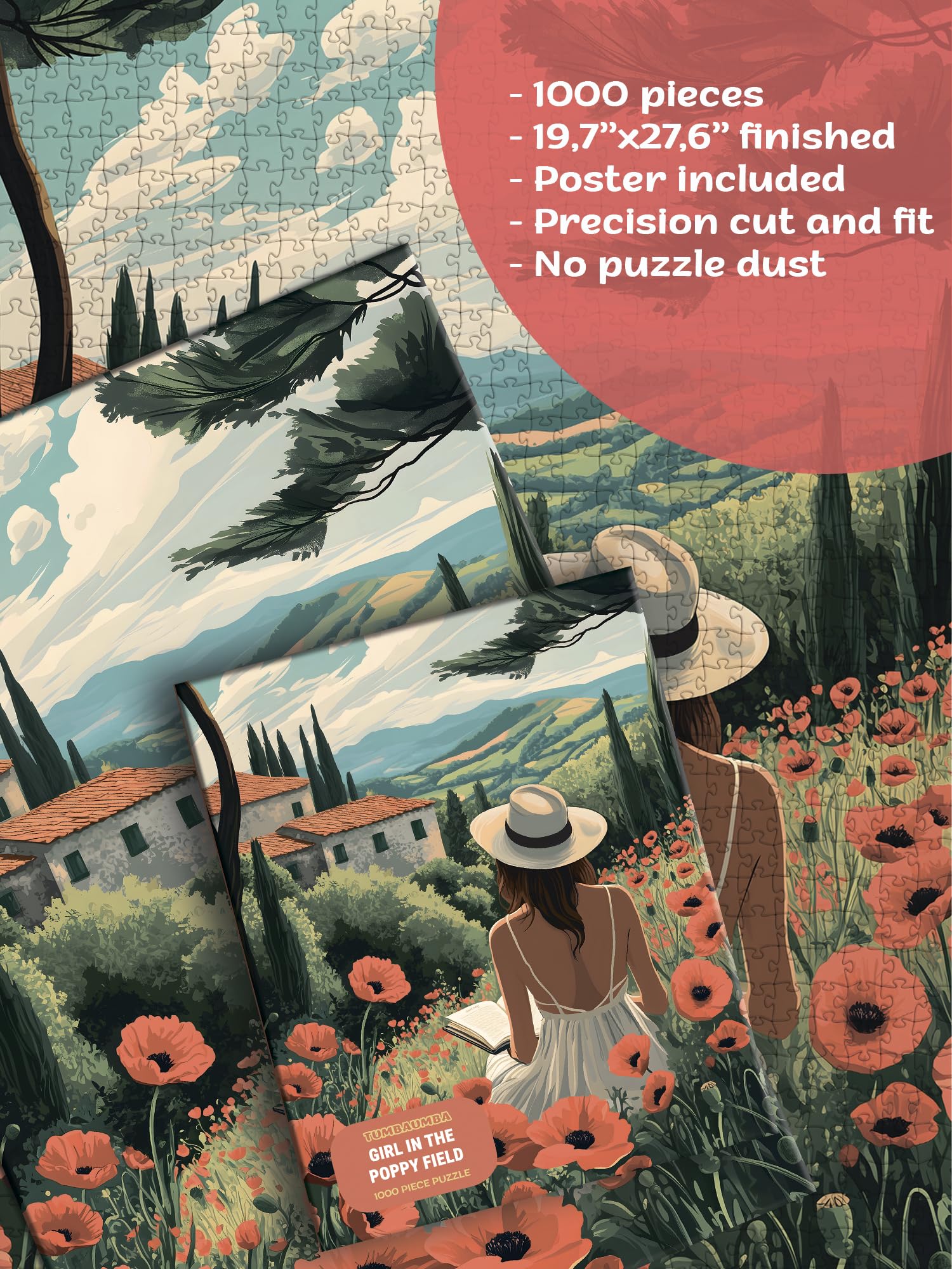 TUMBAUMBA, Puzzle for Adults 1000 Pieces, Art Jigsaw Puzzles, Colorfull Landscape Puzzles Girl in The Poppy Field, Mate Finish, Poster Included 1000