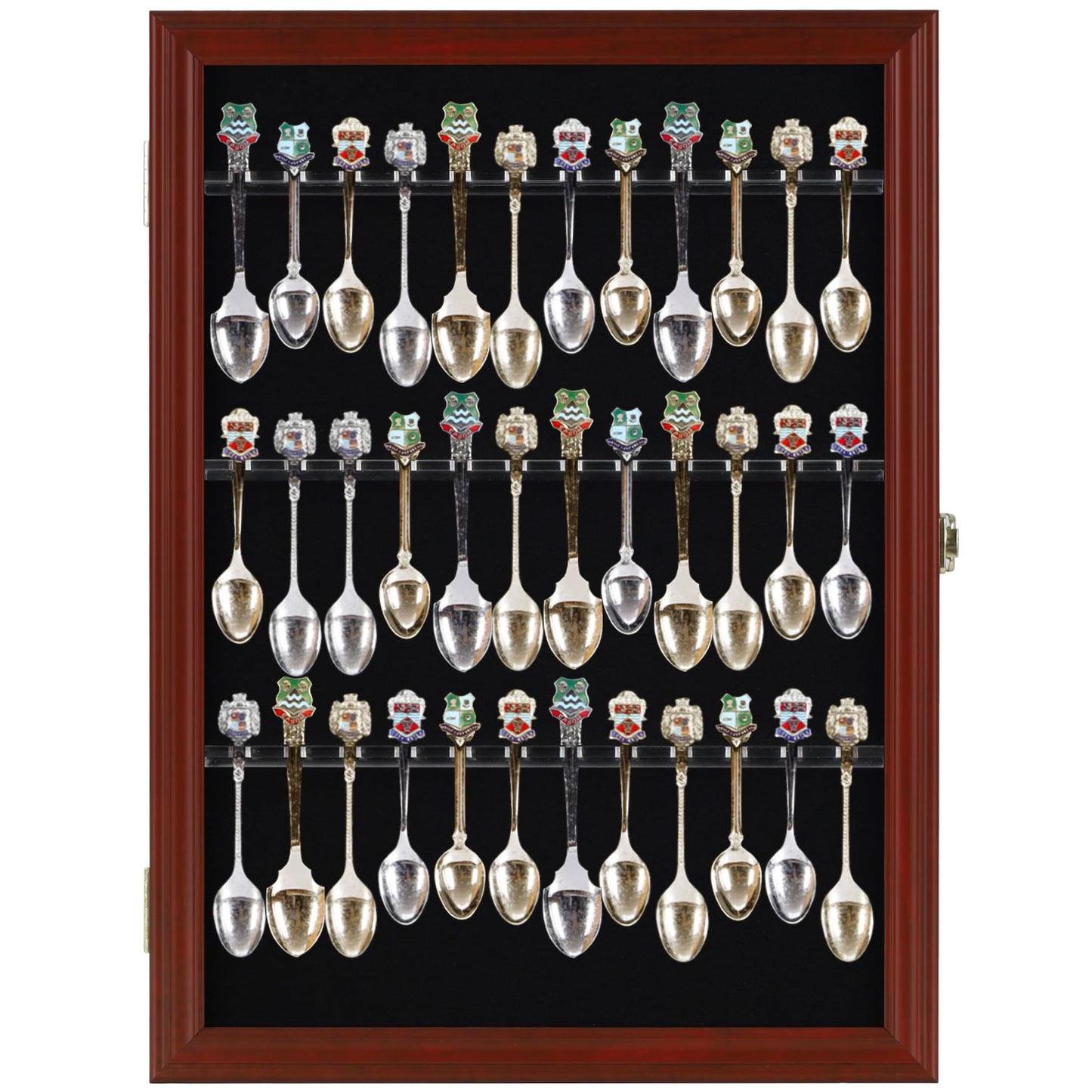 36 Souvenir Tea Spoon Display Case Rack Wall Mountable Cabinet Frame with Lockable Door Mahogany Finish