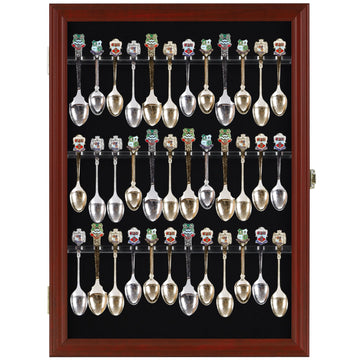 36 Souvenir Tea Spoon Display Case Rack Wall Mountable Cabinet Frame with Lockable Door Mahogany Finish
